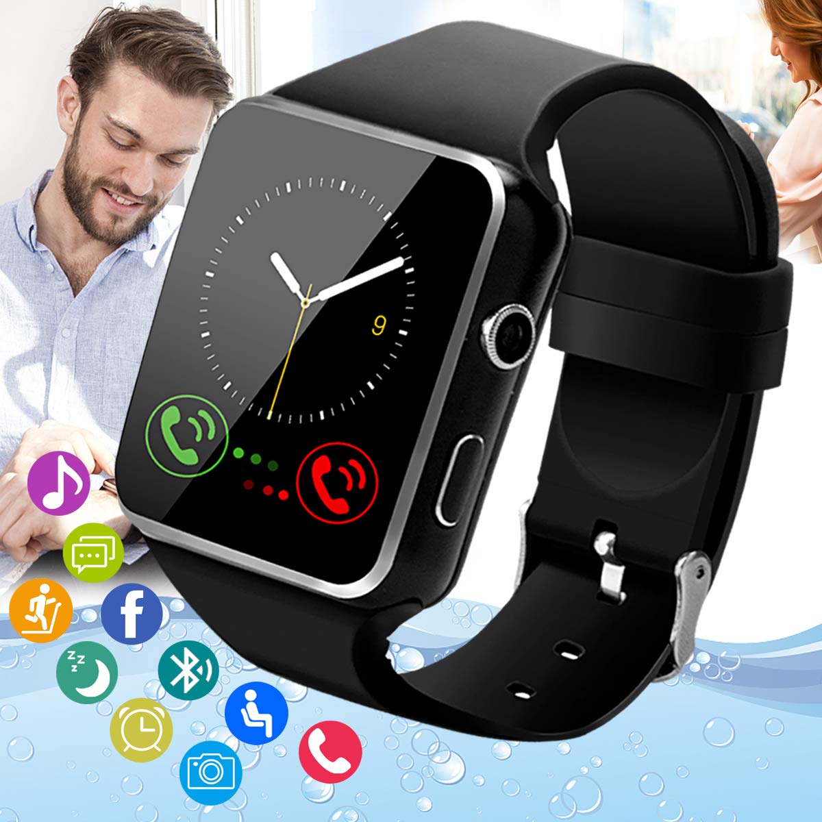 Pradory Smart Watch for Android - Touch Screen Bluetooth Smartwatch with SIM Card Slot, Camera & Waterproof Fitness Tracker for Men & Women (Black) - Perfect for Sports, Workouts & Daily Activity Tracking