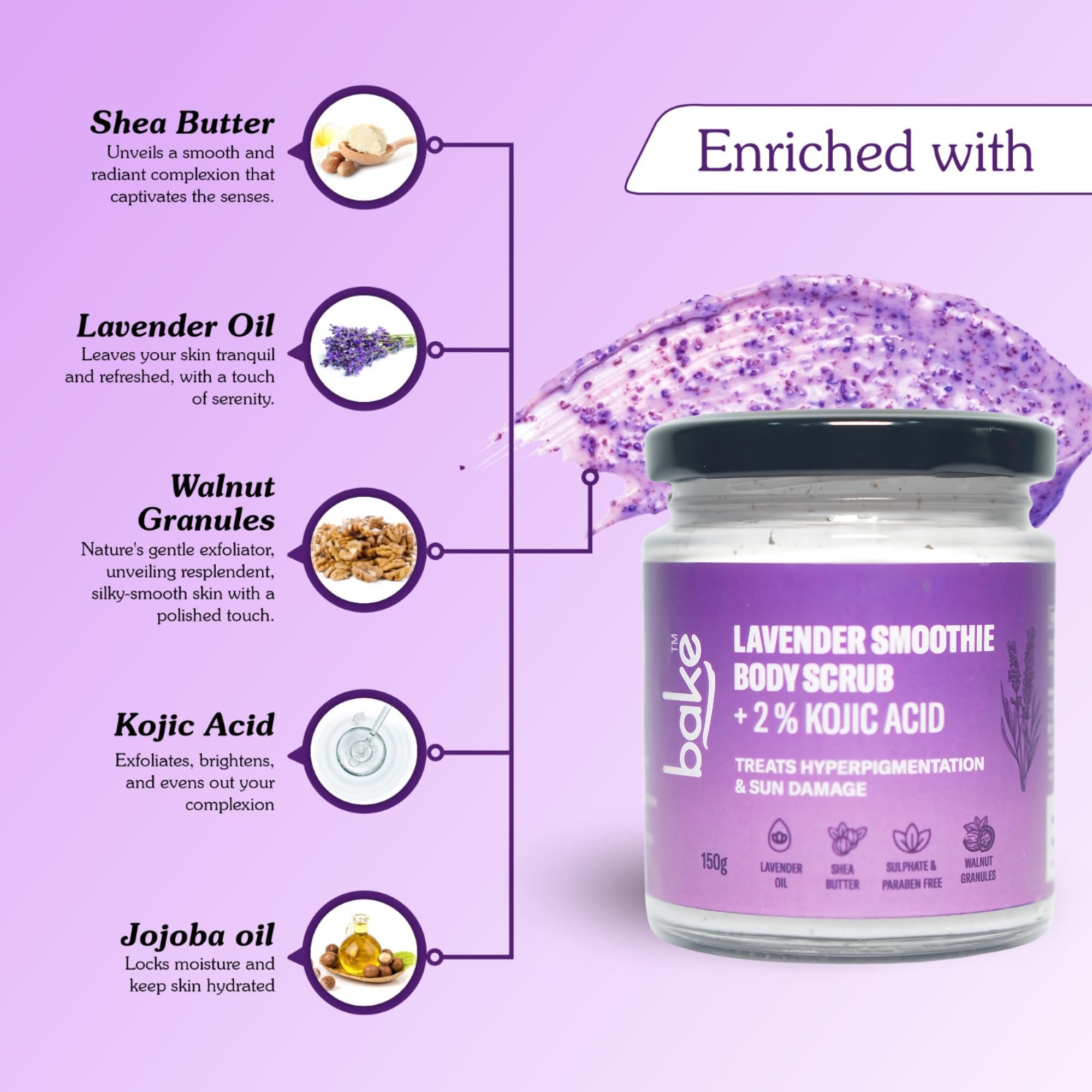 BAKE 2% Kojic Acid Lavender Body Scrub - Brightening & Exfoliating Treatment for Hyperpigmentation, Dark Spots & Uneven Skin Tone | Tan Removal & Skin Whitening | Targets Dark Knees, Elbows & Neck | 150g Natural Skincare | Perfect for Post-Sun Care & Pre-Party Glow Prep