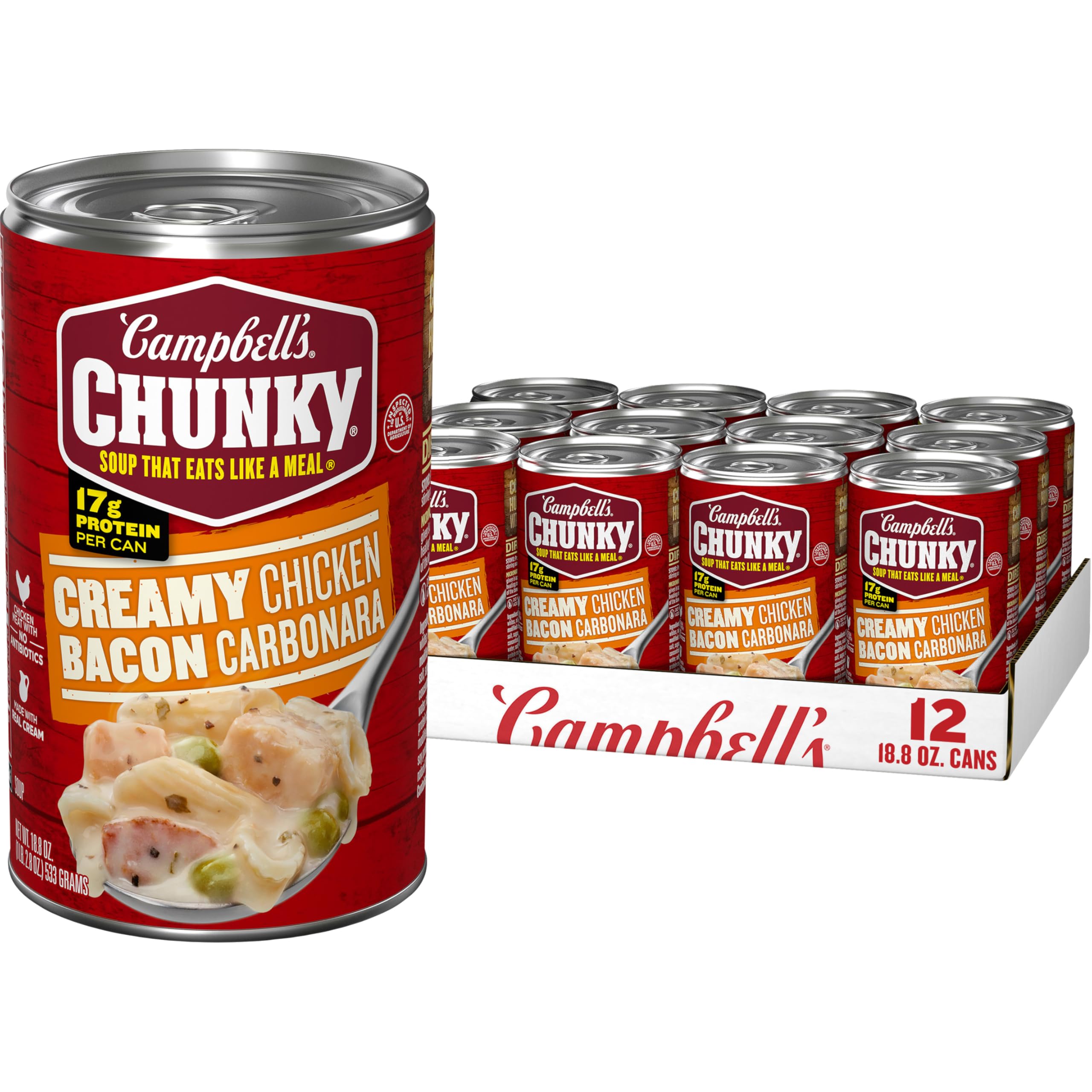 Campbell's Chunky Creamy Chicken Bacon Carbonara Soup - 18.8 oz Cans (12 Pack) | Hearty Comfort Food for Quick Lunches, Camping Meals & Emergency Pantry Stock