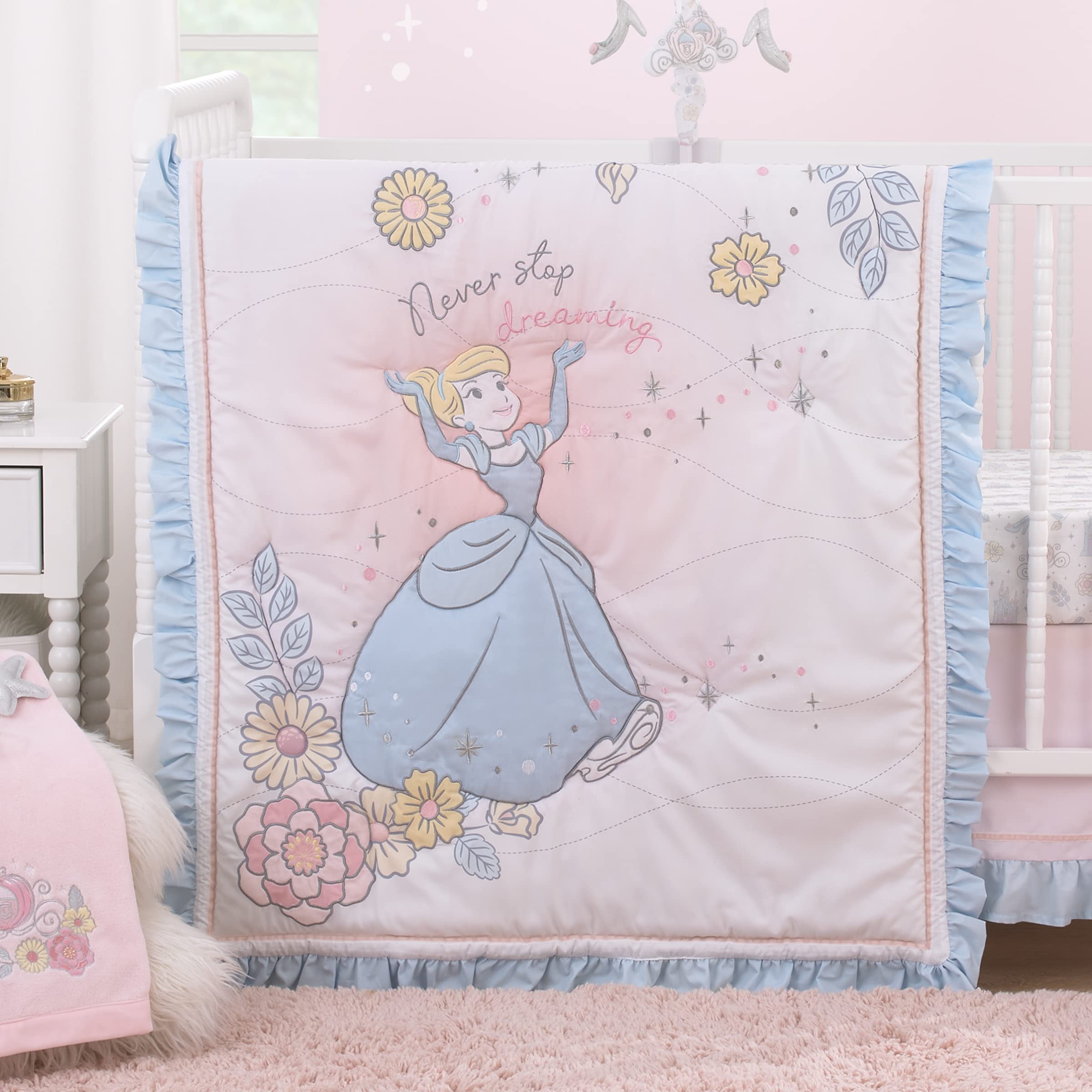 Disney Cinderella 3-Piece Nursery Crib Bedding Set - Light Blue Pink White Comforter, 100% Cotton Fitted Sheet & Crib Skirt | Sweet Princess Theme Baby Girl Room Decor for Newborns & Toddlers