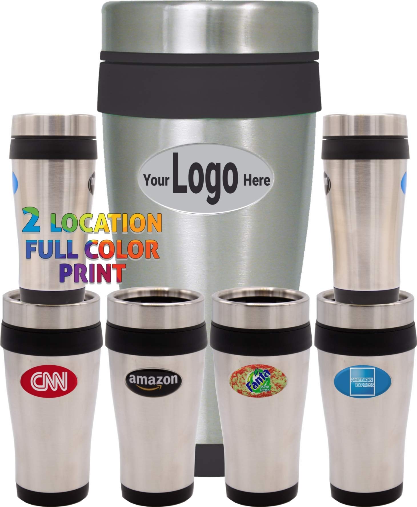 18 Pack Personalized Travel Mugs - 16oz Stainless Steel Insulated Tumblers with Lid, Double Wall Coffee Thermos - Custom Full Color Logo & Text - BPA Free (Black Trim) - Perfect for Corporate Gifts, Promotional Events & Outdoor Activities