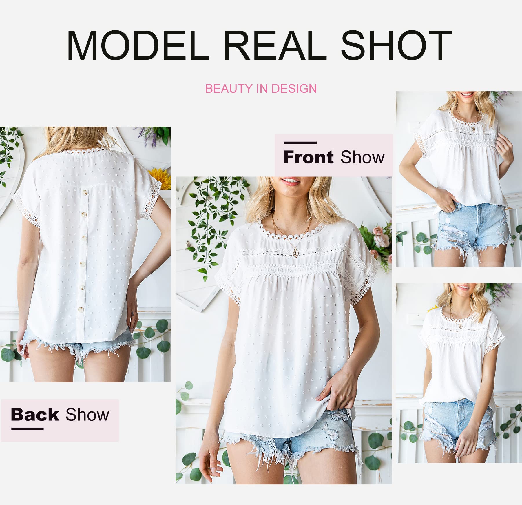 Dokotoo Women's Summer Tops - Crewneck Lace Crochet Short Sleeve Casual Blouse - Breathable Chiffon Shirt for Beach, Vacation & Outdoor Activities