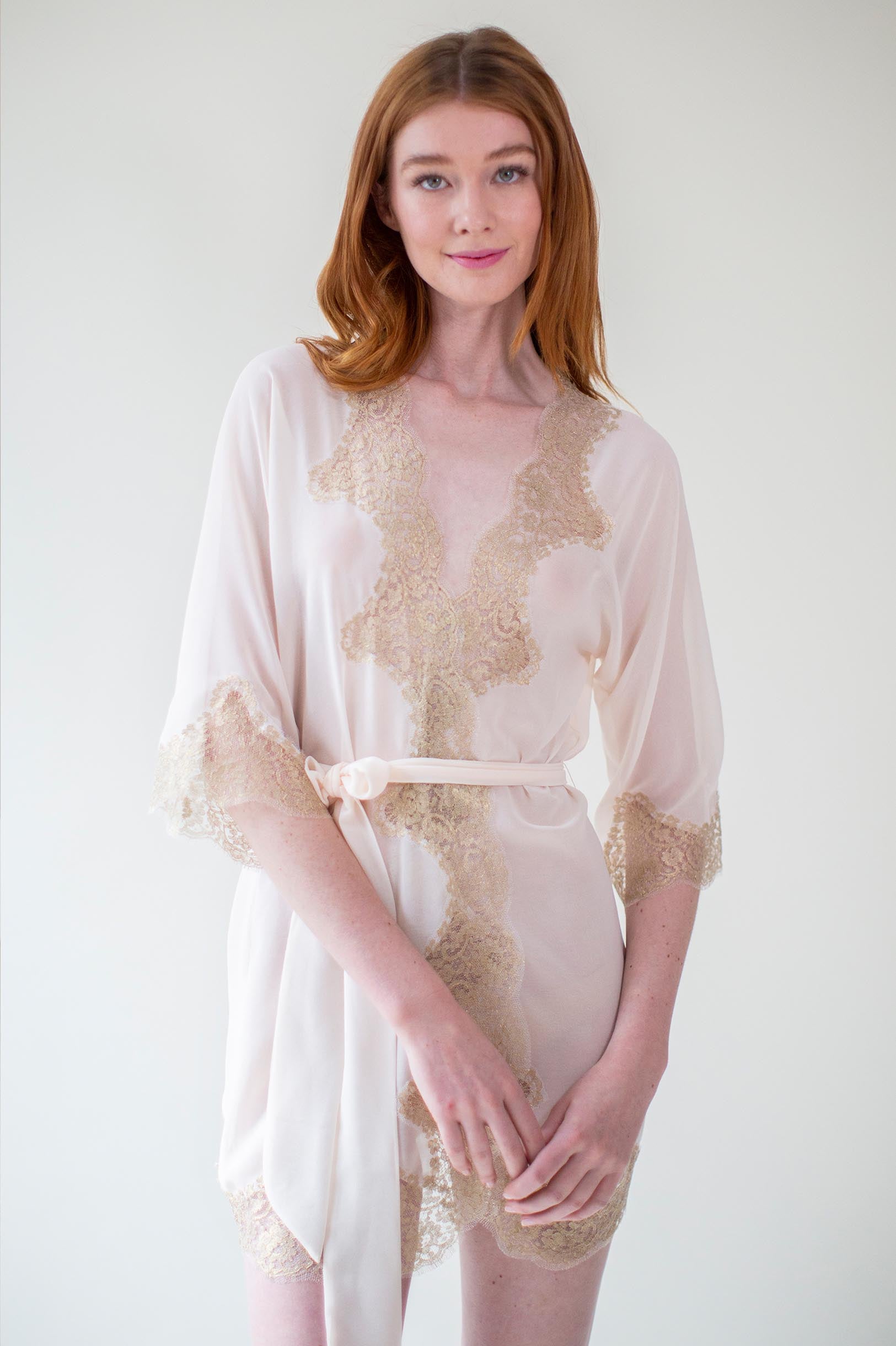 Olivia French Lace Robe in Rose Gold - Elegant Bridal Nightgown, Wedding Lingerie & Boudoir Photoshoot Dress