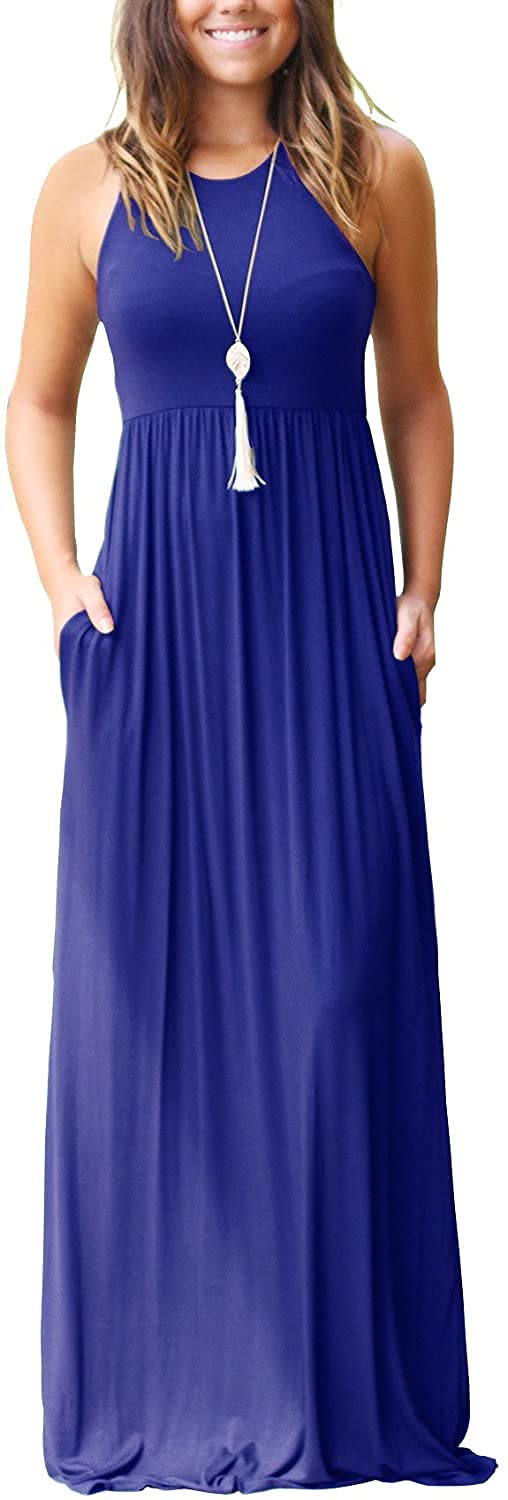 CQMFWD Women's Sleeveless Racerback Maxi Dress - Loose Fit Casual Long Dress with Pockets | Summer Beach Wear, Vacation Outfit, Boho Chic Style