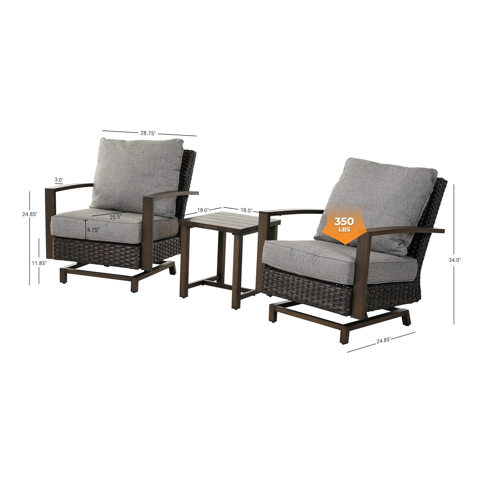 3-Piece Outdoor Patio Furniture Set - Aluminum Wicker Conversation Sofa with Wood Grain Finish, Stationary Rockers & Coffee Table - Removable Olefin Cushions (Dark Brown) - Perfect for Backyard, Garden, Poolside or Deck Relaxation