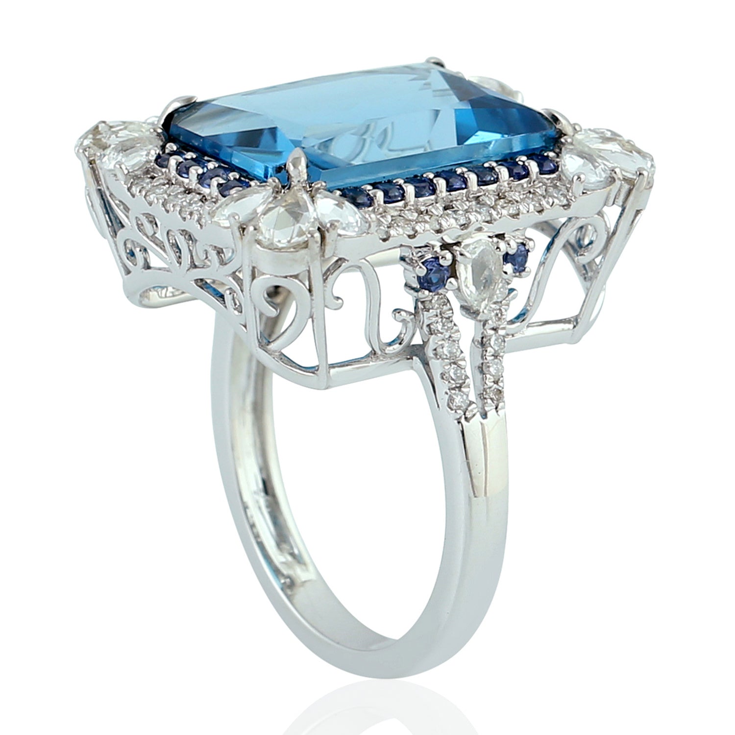 Emerald Cut Blue Topaz & Sapphire Diamond Cocktail Ring in 14K White Gold | Elegant Statement Jewelry for Weddings, Parties & Special Occasions