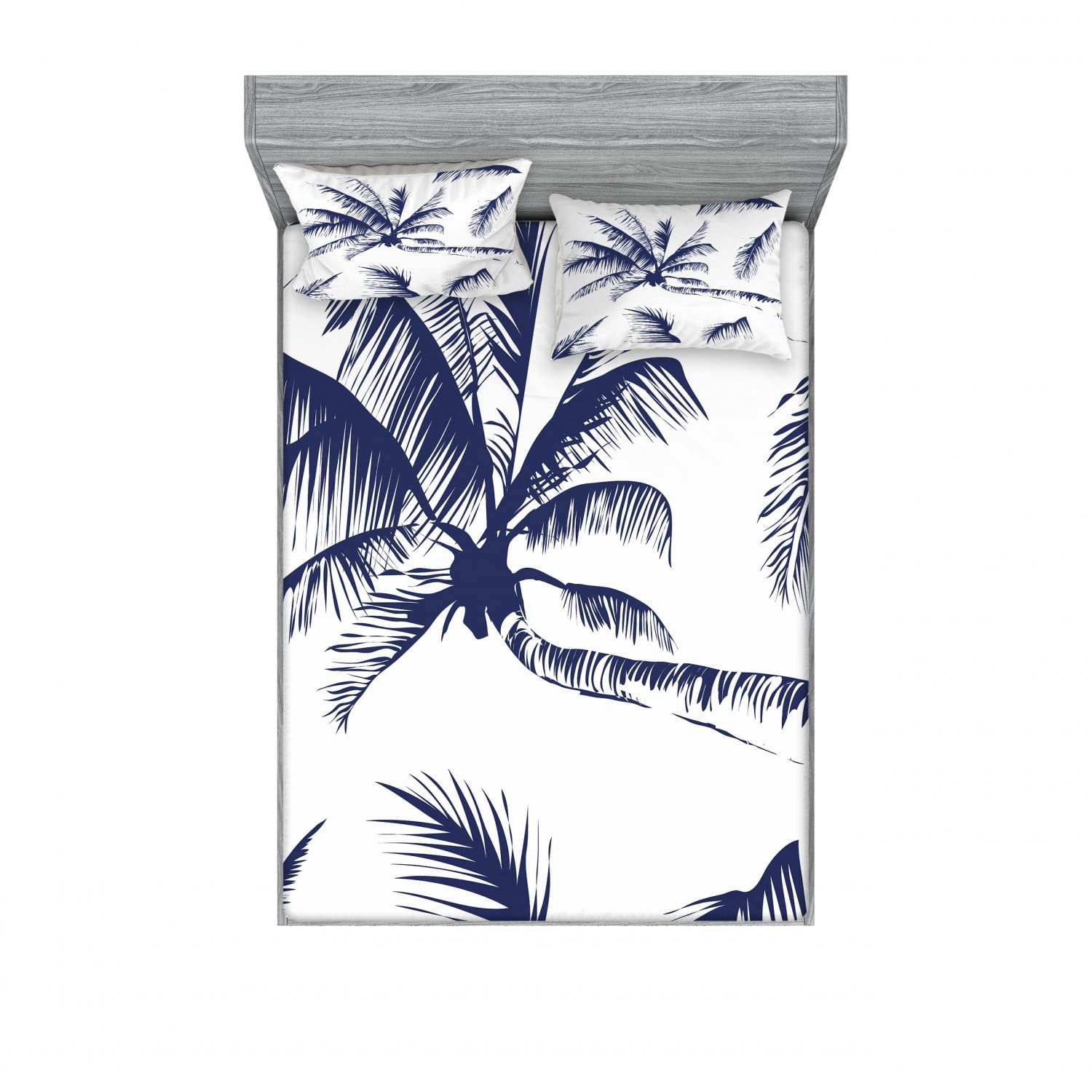 Ambesonne Psychedelic 2-Piece Queen Size Fitted Sheet Set with 4 Pillow Shams - Tropical Coconut Palm Tree Design in Indigo Blue - Soft Bedding Decor for Beach House, Boho Bedroom or Vacation Home
