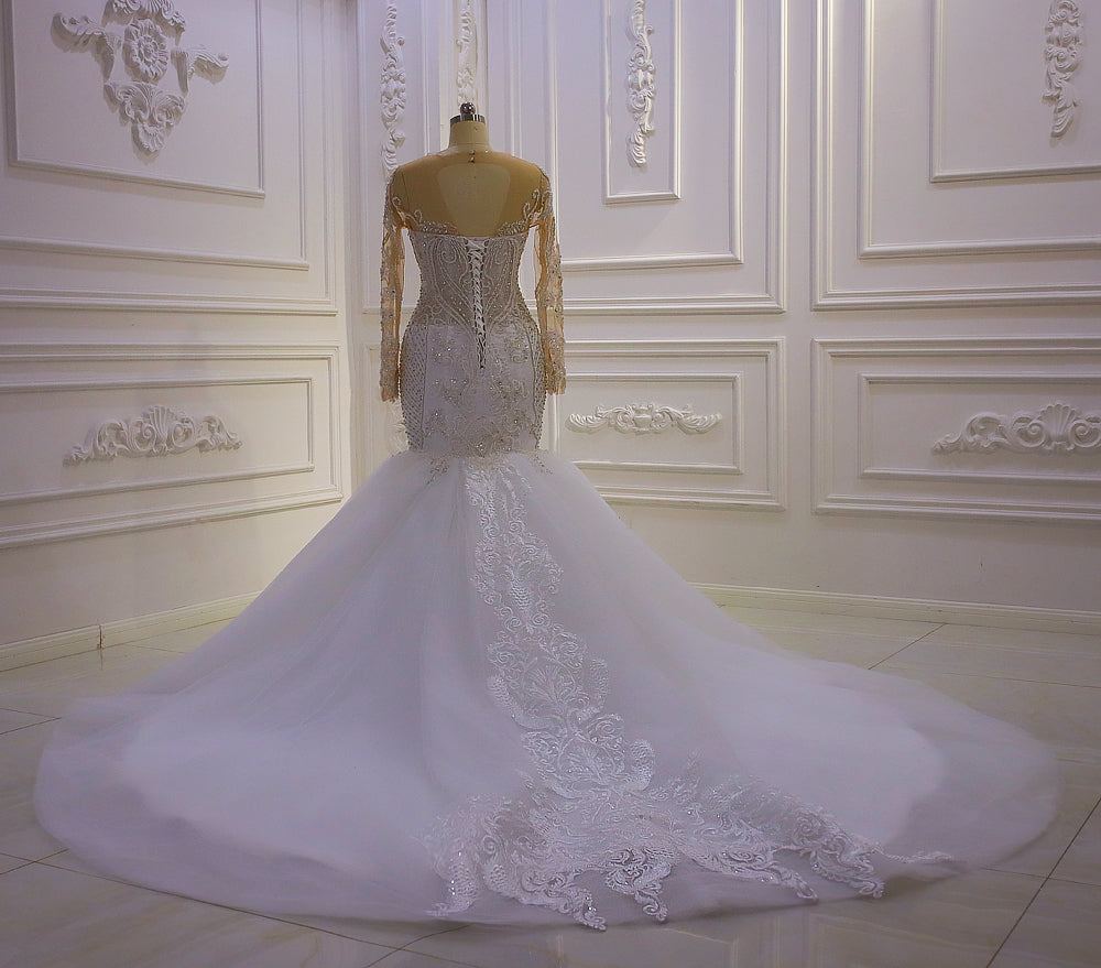 Elegant V-Neck Long Sleeve Mermaid Wedding Dress AM1353 - Perfect for Bridal Ceremonies, Evening Galas & Formal Events