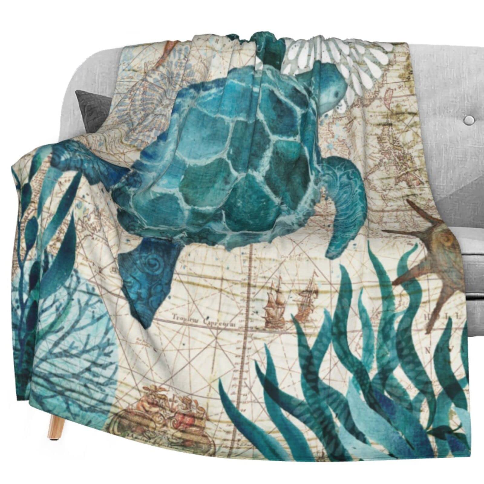 Premium Delerain Flannel Blanket with Sea Turtle Design - Ultra Soft Lightweight Cozy Throw Blanket for Couch, Sofa & Bed (60