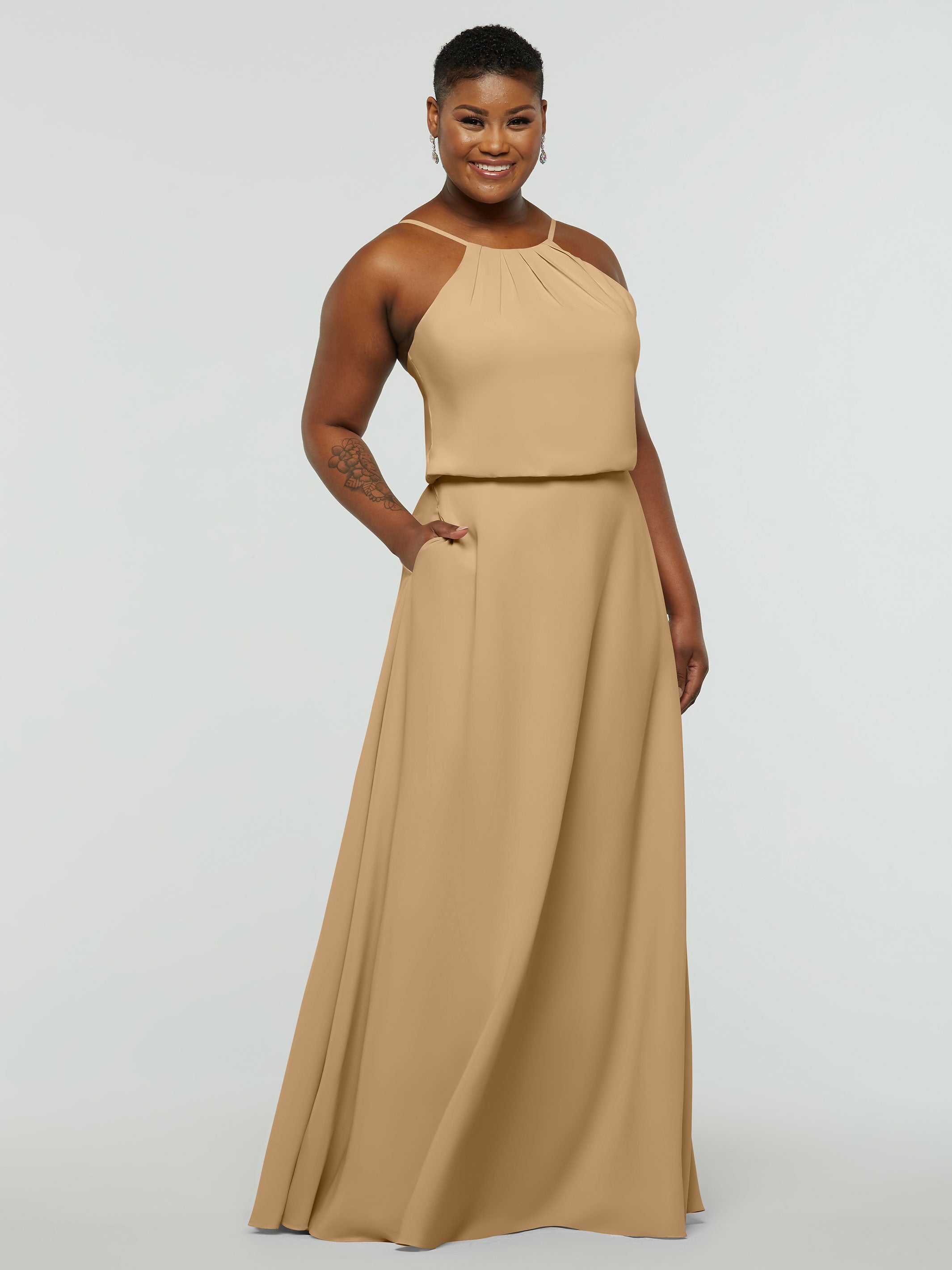 Elegant 83015 Stretch Chiffon A-Line Bridesmaid Dress with Halter Neckline - Perfect for Weddings, Formal Events & Special Occasions