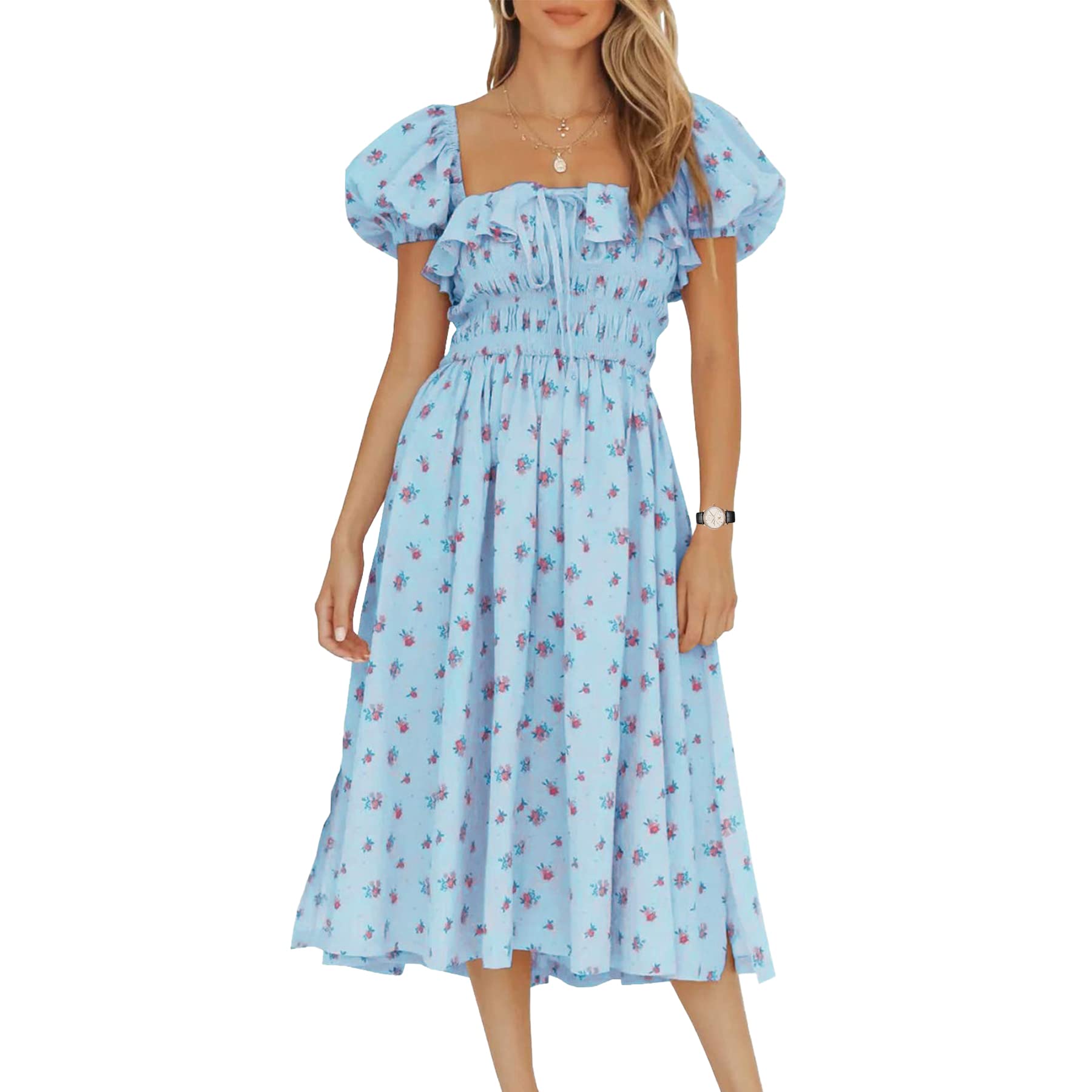 WERLIKE Women's Floral Print Square Neck Puff Sleeve Vintage Midi Dress with Ruffle Hem - Perfect for Summer Weddings, Garden Parties & Casual Outings