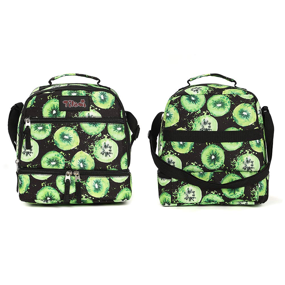 Tilami Insulated Lunch Bag with Adjustable Strap & Zipper - 2 Compartment Cooler Bag for Kids & Toddlers - Perfect for School, Picnics & Outdoor Activities (Kiwi Design)