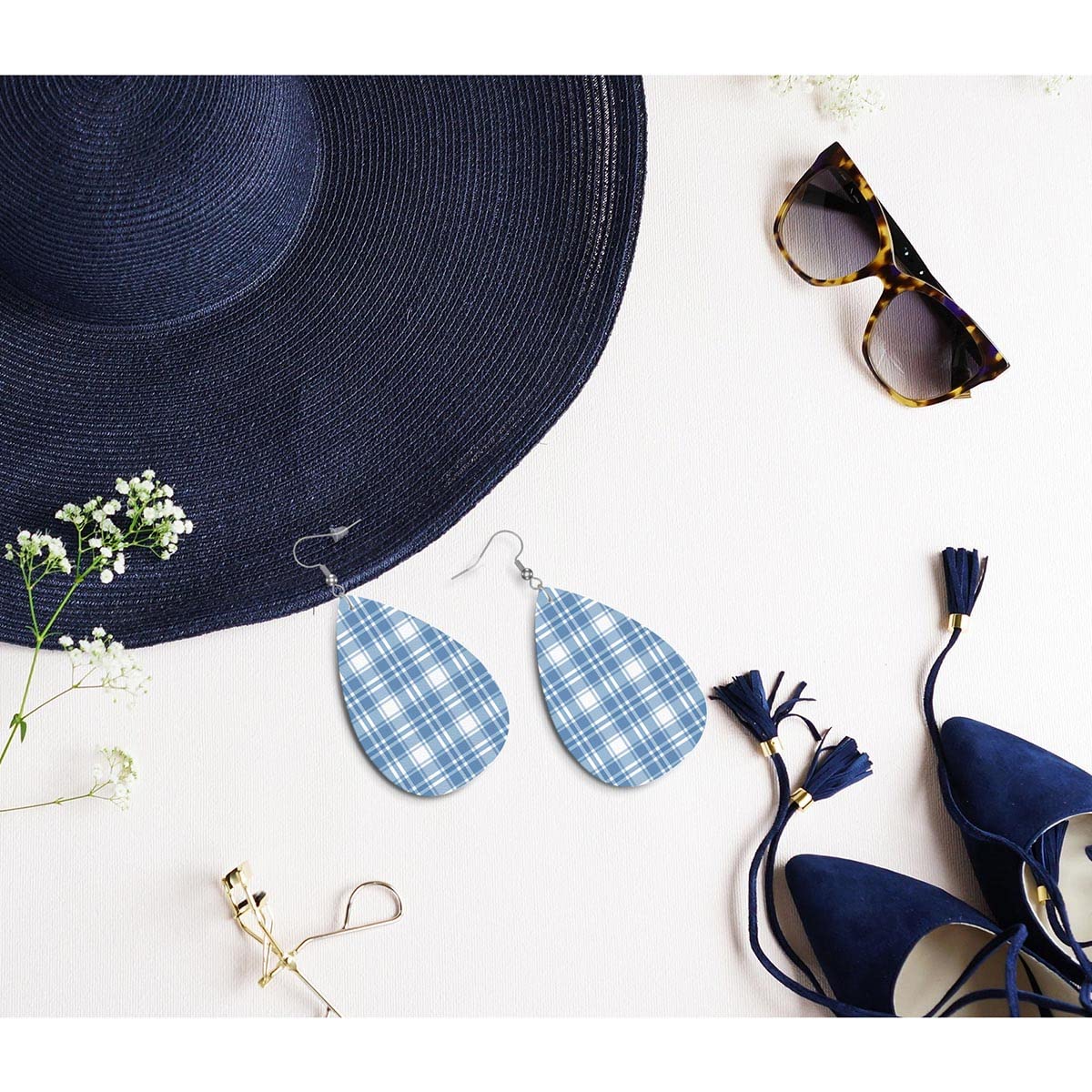 Zokola Buffalo Checkered Drop Earrings for Women - Blue Tartan Plaid Geometric Dangle Earrings Set - Lightweight Faux Leather Teardrop Jewelry - Perfect Gift for Friends, Birthday & Christmas - Office Wear, Party Accessories & Casual Outfits