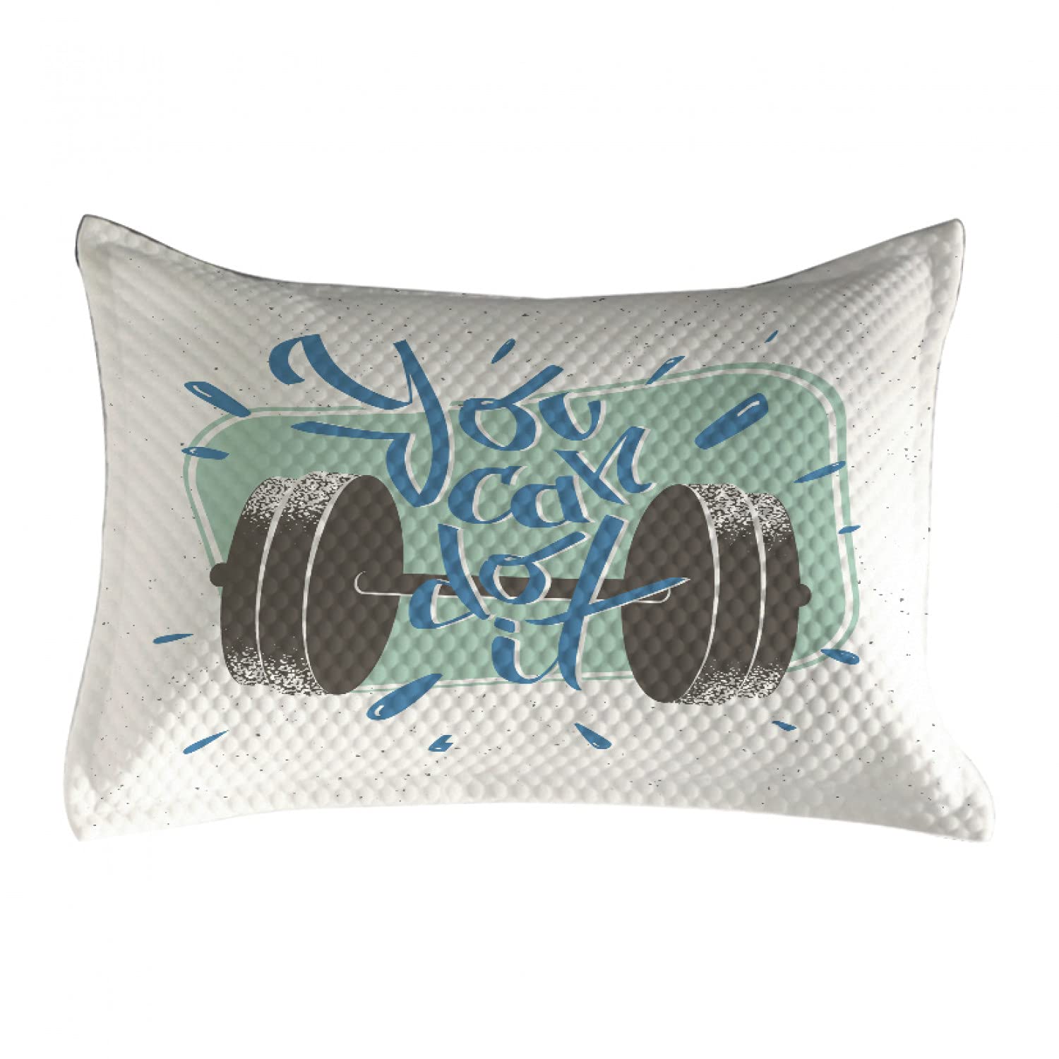 Ambesonne Fitness Quilted Pillow Cover - Retro Dumbbell Design with 'You Can Do It' Motivational Phrase - Standard Queen Size 30x20 Inch - Grey Almond Green Blue - Perfect for Home Gym Decor & Bedroom Accent