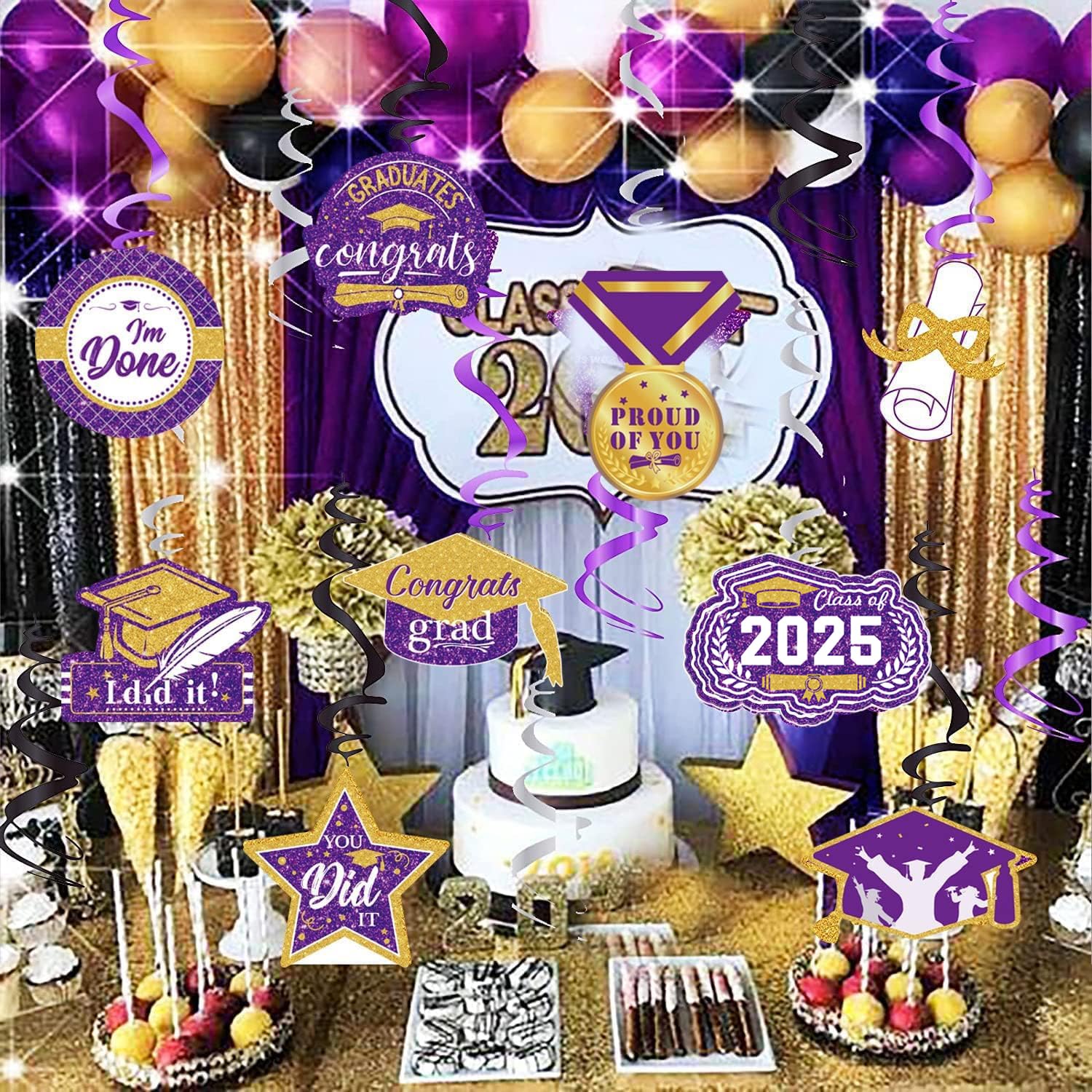 2025 Graduation Party Decorations - Purple, Black & Gold Hanging Swirls for NYU, ISU & College Graduates | Class of 2025 Graduation Decor for Dorms, Parties & Photo Backdrops
