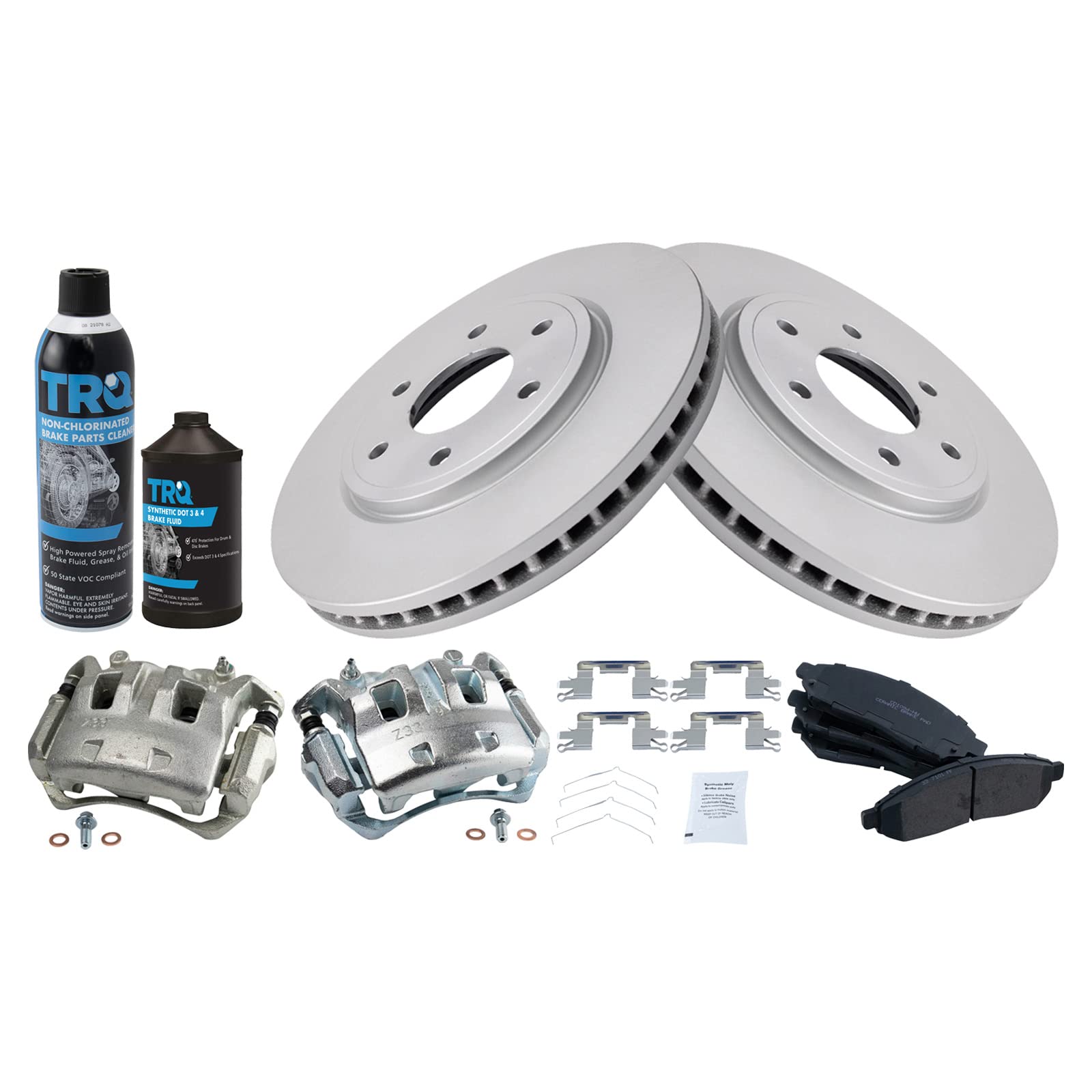 Premium TRQ Front Brake Pad & Rotor Kit with Caliper & Chemical Kit - Ceramic G-Coated Brakes for 2005-2018 Nissan Frontier & 2009-2012 Suzuki Equator - Perfect for Off-Roading & Heavy-Duty Towing