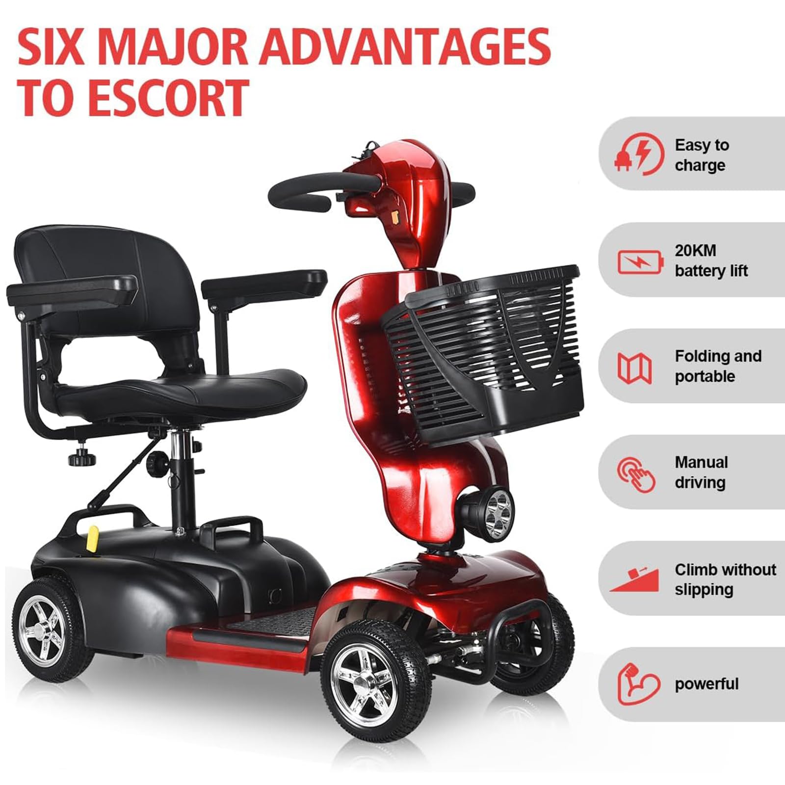 **Folding Mobility Scooter for Adults & Seniors - 300 lbs Weight Capacity, Lightweight & Compact with Seat & Basket - Ideal for Supermarket Shopping, Travel & Outdoor Use (X-02, Red)**