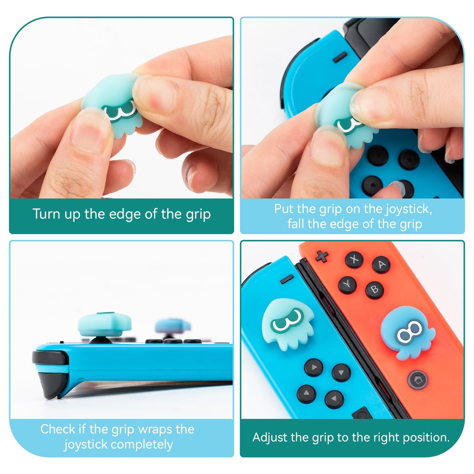 Nintendo Switch Joycon Thumb Grip Caps - Soft Silicone Joystick Cover Compatible with Switch/OLED/Lite (4PCS Squid & Octopus Luminous-Cyan&Green) - Perfect for Splatoon Gaming & Long Play Sessions