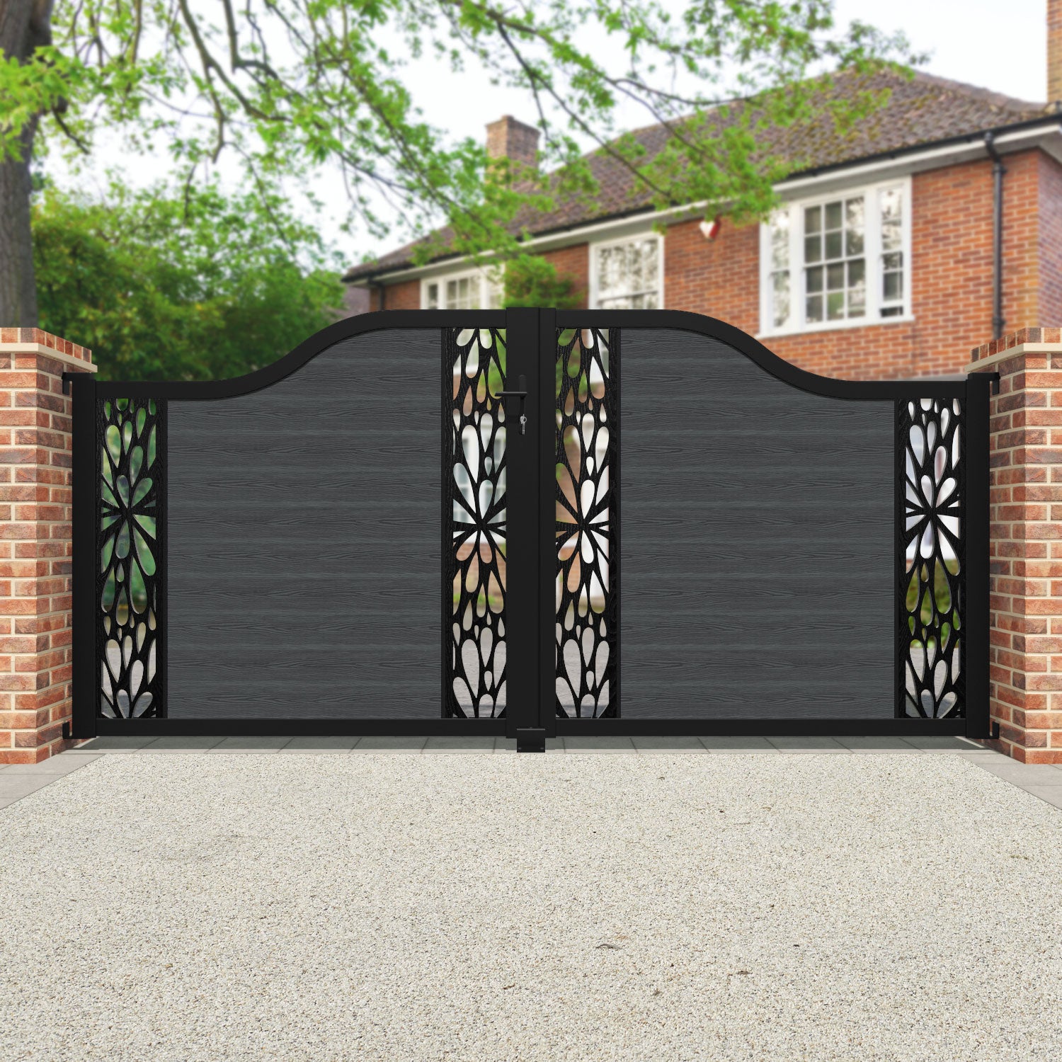 Classic Blossom Curved Top Driveway Gate - Dark Grey Wrought Iron Fence with Middle & End Screen Panels | Elegant Home Security & Garden Decoration for Front Yard, Backyard, and Property Boundaries