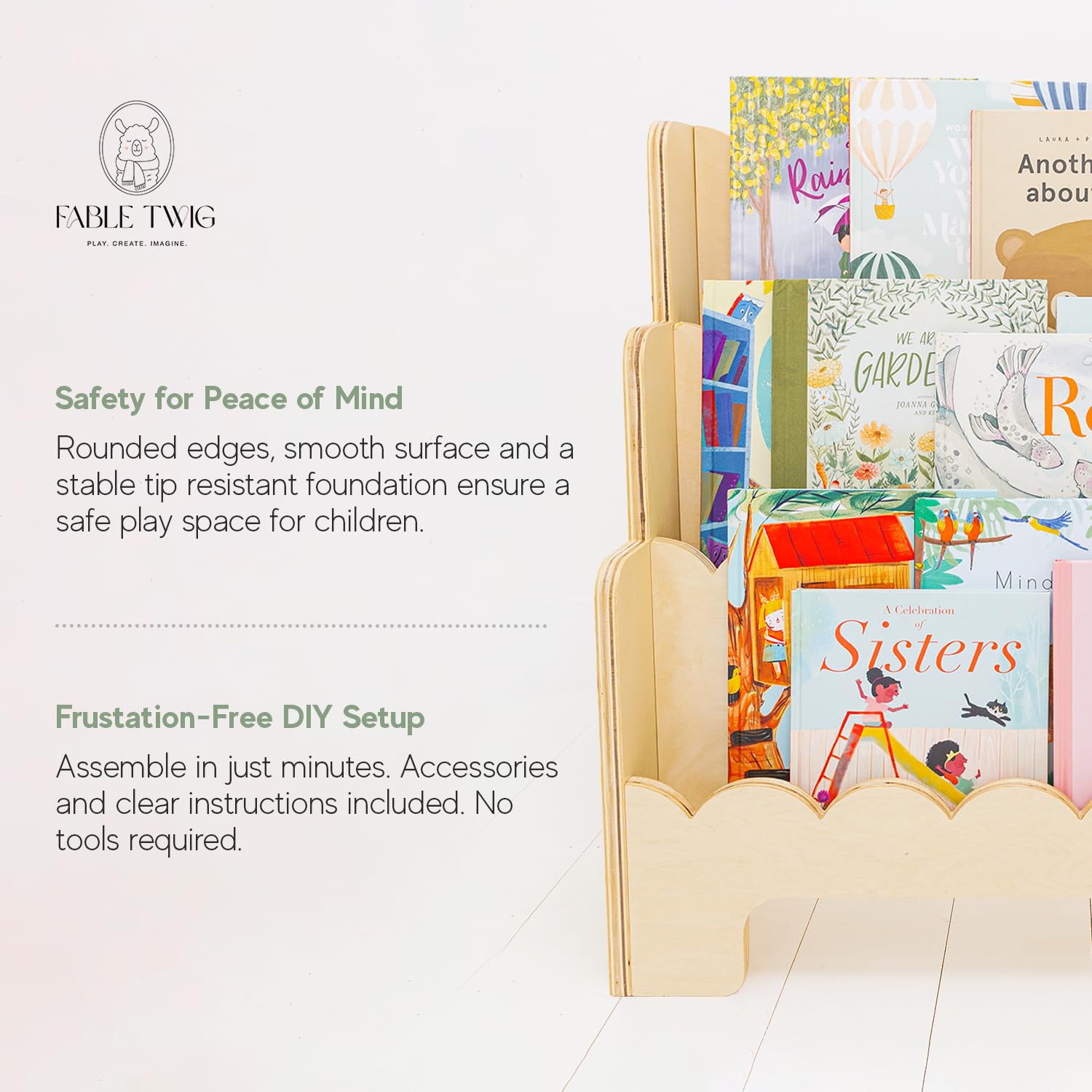 Montessori Wooden Kids Bookshelf with Scalloped Edges - 3-Tier Sturdy Children's Bookcase for Nursery, Playroom & Bedroom - Perfect Height Toddler Book Organizer for Reading Corner & Learning Space