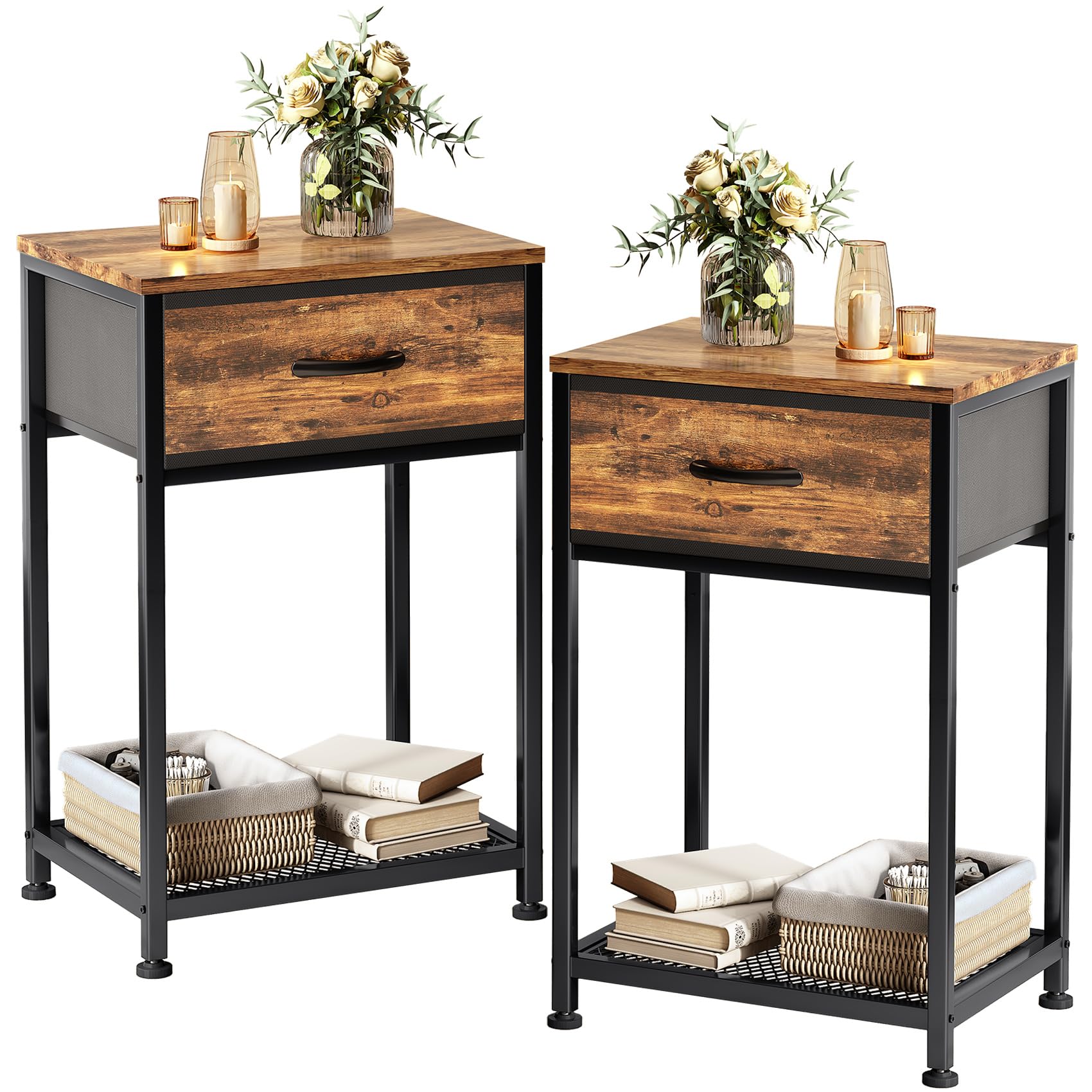 Kitstorack Night Stands Set of 2 - Rustic Brown Wood End Tables with Drawer for Bedroom, Living Room & Office - Modern Bedside Nightstands for Home Decor