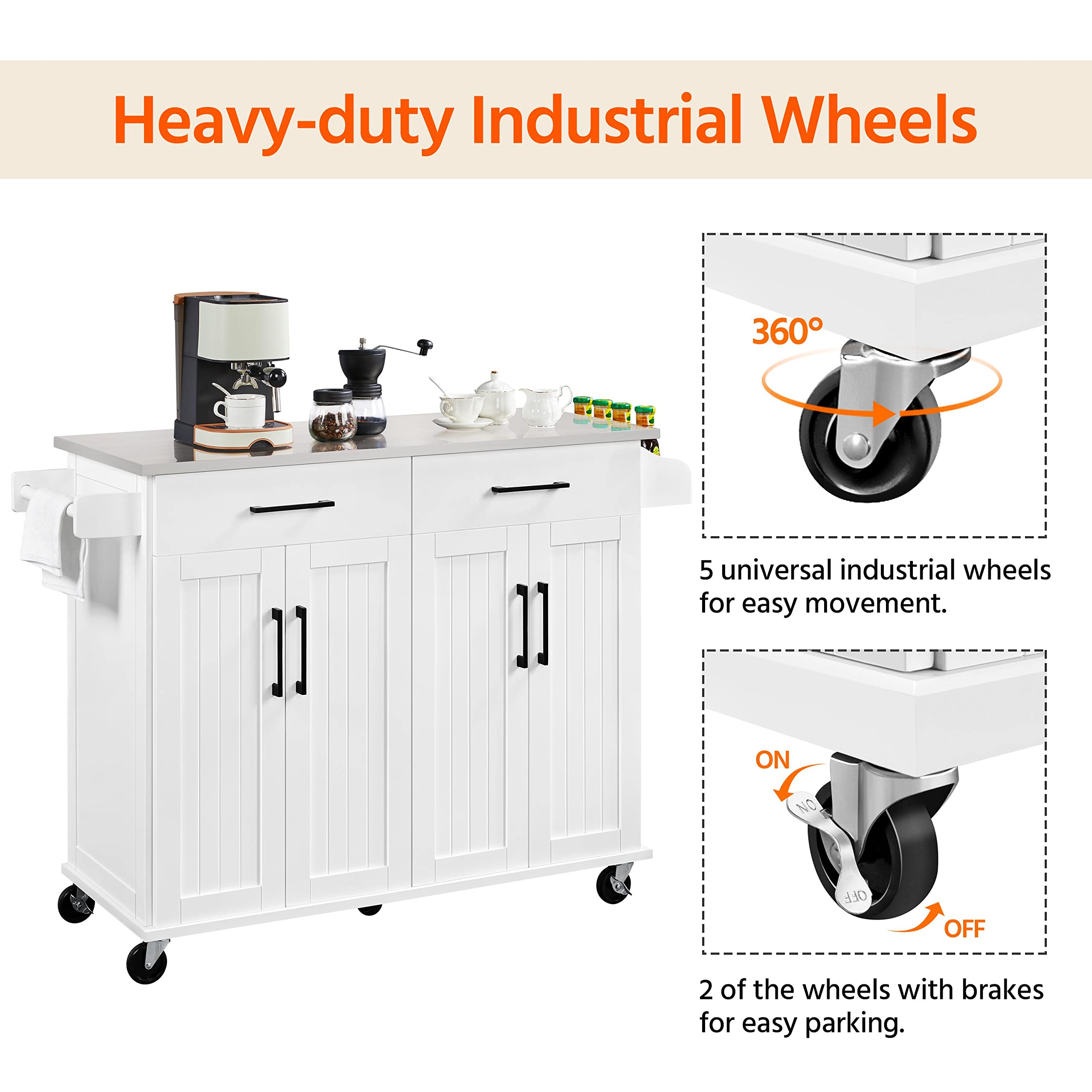 Yaheetech White Kitchen Island Cart with Stainless Steel Countertop, Portable Rolling Cabinet with Adjustable Shelves & 2 Drawers, Perfect for Small Kitchens, Dining Rooms, and Home Office Storage