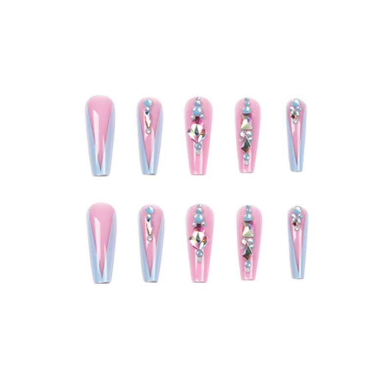 Glossy Pink Press on Nails with Blue Rhinestones - Extra Long Ballet Fake Nails - Detachable False Nails with Glue - Perfect for Parties, Weddings, and Special Occasions