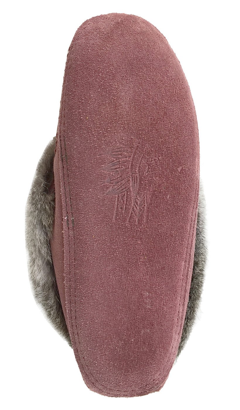 Laurentian Chief Women's Suede Moccasin Slippers with Rabbit Fur Collar - Soft Sole Indoor/Outdoor House Shoes for Winter Comfort & Cozy Home Wear
