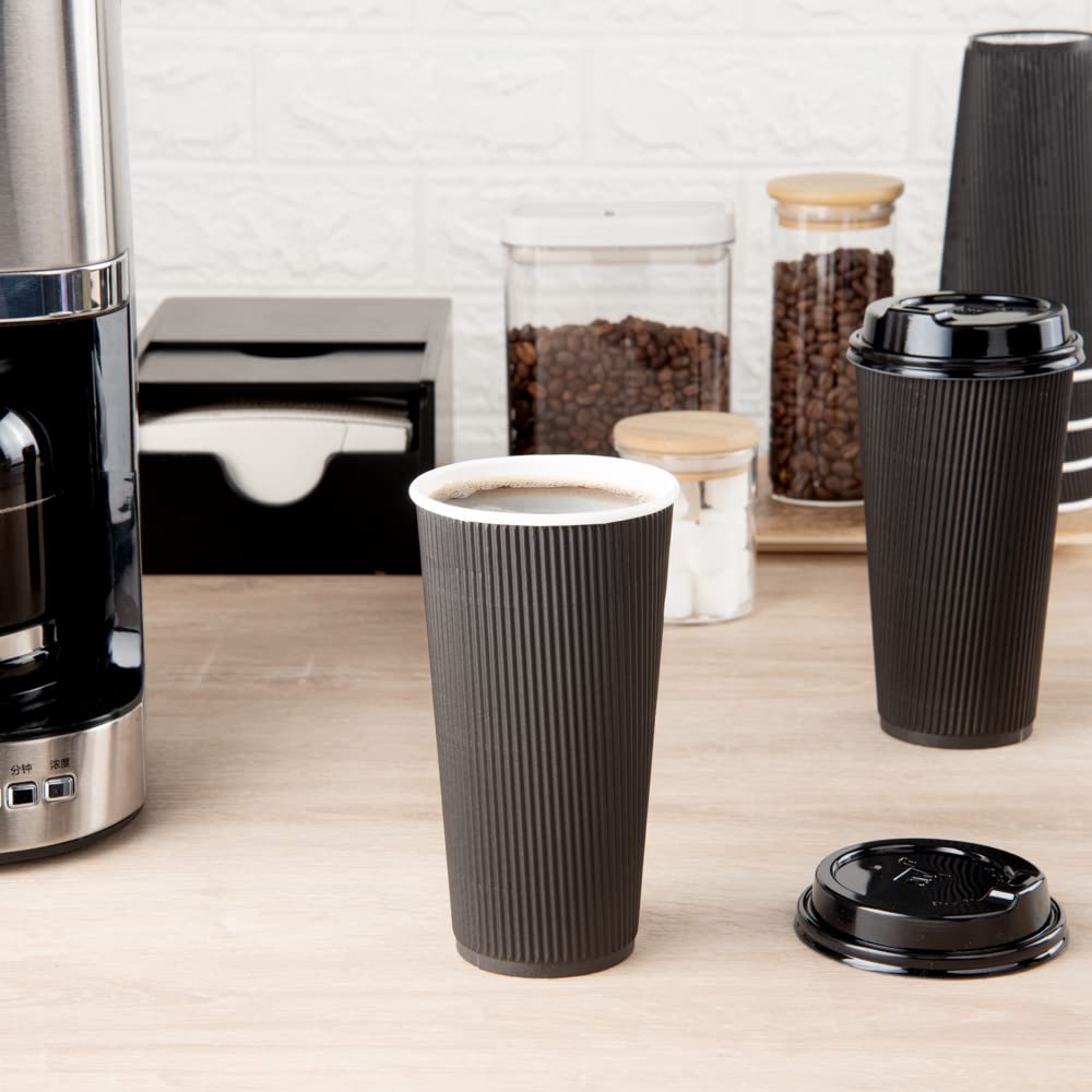 20oz Ripple Insulated Coffee Cups - 250 Pack Double Wall Corrugated Paper Cups with Secure Grip | Eco-Friendly & Leakproof Black Ribbed Coffee Cups | Perfect for Coffee Shops, Offices & Catering Events (Lids Sold Separately)