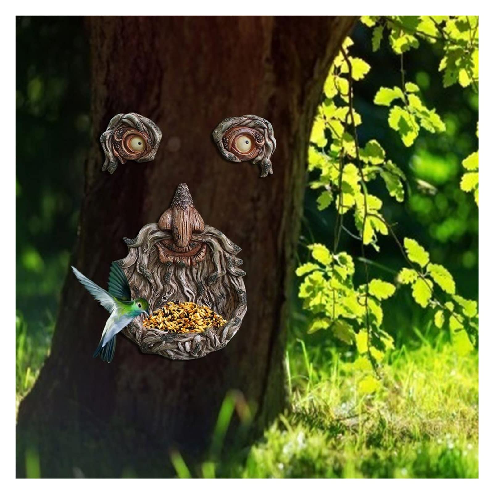 KDAWN Luminous Bird Feeder - Solar-Powered Tree Face Resin Figurine for Outdoor Garden Decoration, Attracts Wild Birds with Easy Fill & Clean Design - Perfect for Backyard, Patio and Bird Watching Enthusiasts