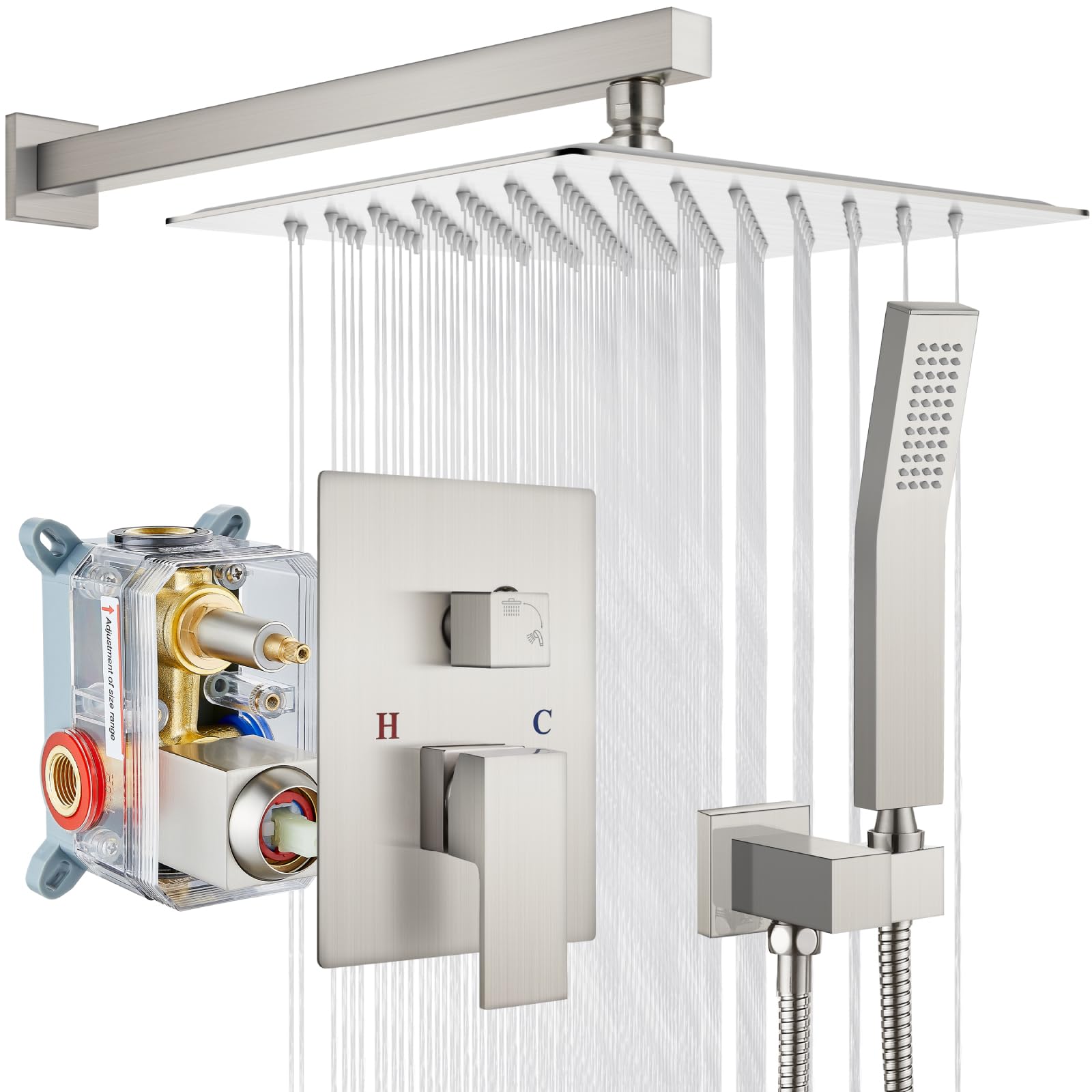 Gotonovo 10 Inch Rainfall Shower System - Brushed Nickel Wall Mounted Shower Head with Pressure Balancing Mixer Valve & Handheld Sprayer - Complete Bathroom Shower Combo for Luxurious Spa Experience at Home