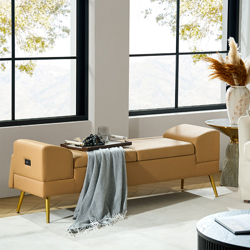 Gaston Entryway Bench - Scratch-Resistant Vegan Leather with Built-in USB Charging Port - Perfect for Hallway, Living Room & Bedroom Storage