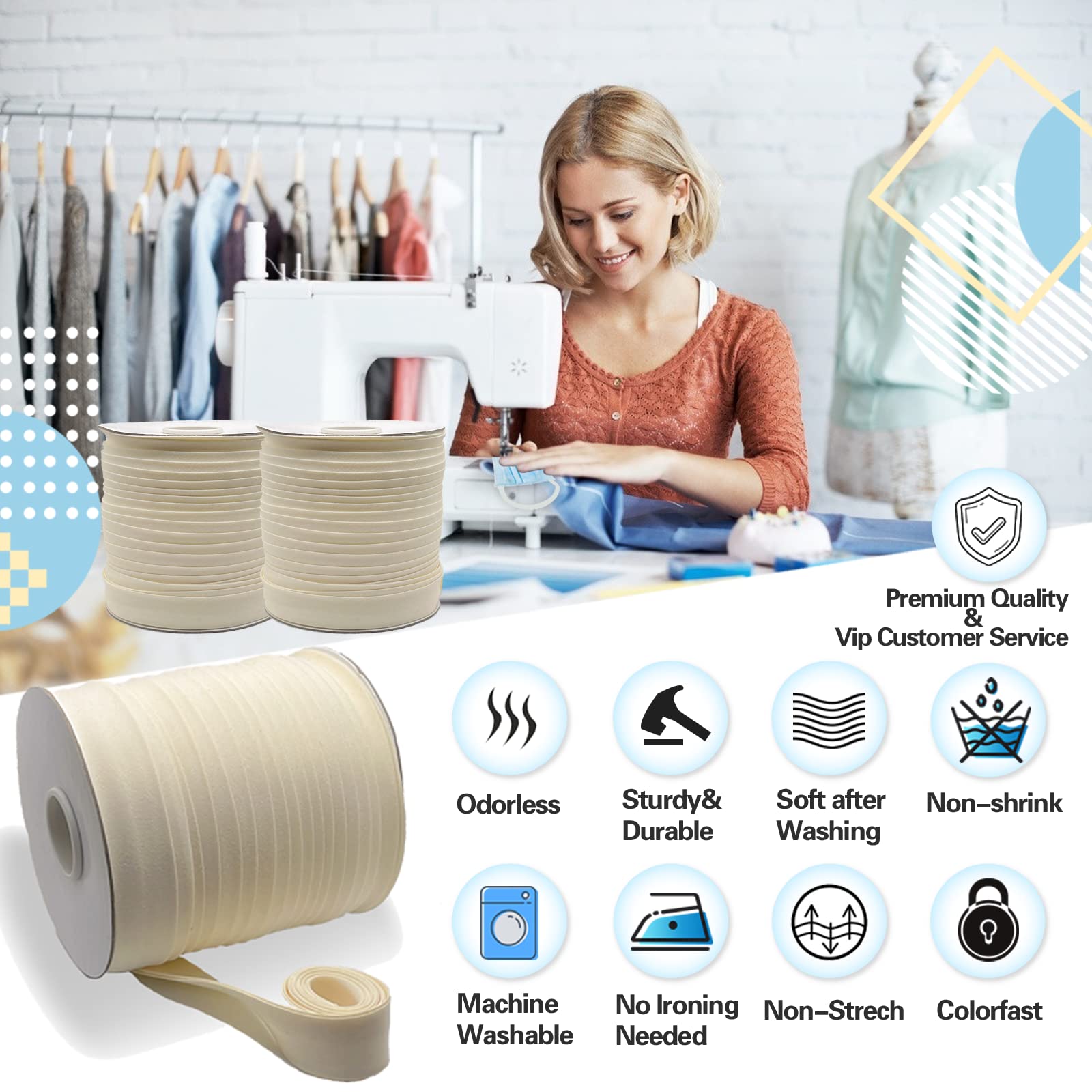 1 Inch Double Fold Bias Tape - 55 Yards Continuous Polyester Sewing Bias Binding for Quilting, Hemming & Apparel Crafts (Non-Stretch, Cream, 25mm) | Perfect for DIY Dressmaking, Scrapbooking & Home Decor Projects