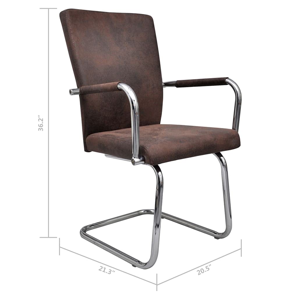 2 Pack Cantilever Dining Chairs with Armrests - Brown Faux Suede Leather Upholstered Modern Kitchen, Bedroom & Restaurant Seating - Perfect for Small Spaces, Breakfast Nooks & Contemporary Dining Areas