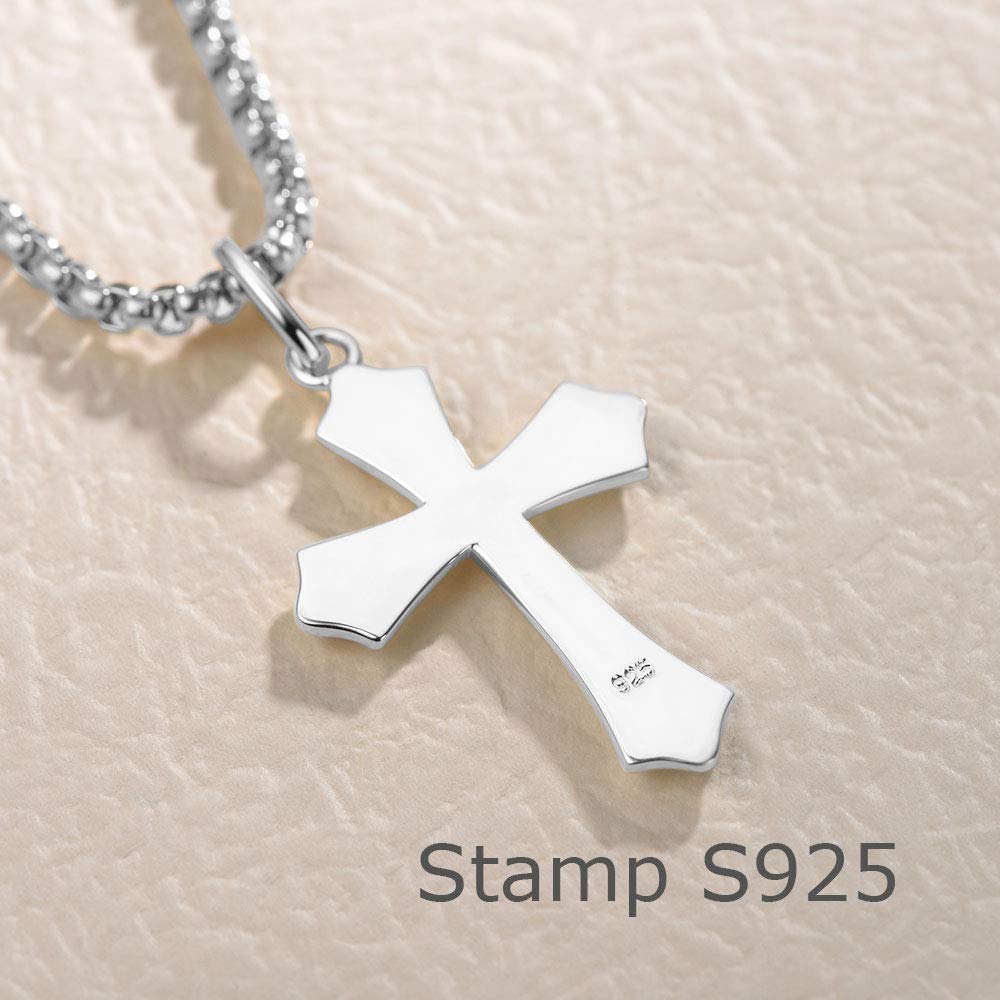 FANCIME 925 Sterling Silver Cross Pendant Necklace for Men - White Gold Plated with 4MM Figaro Chain, 24 Inch - Religious Jewelry Gift for Him, Perfect for Baptism, Confirmation & Daily Wear