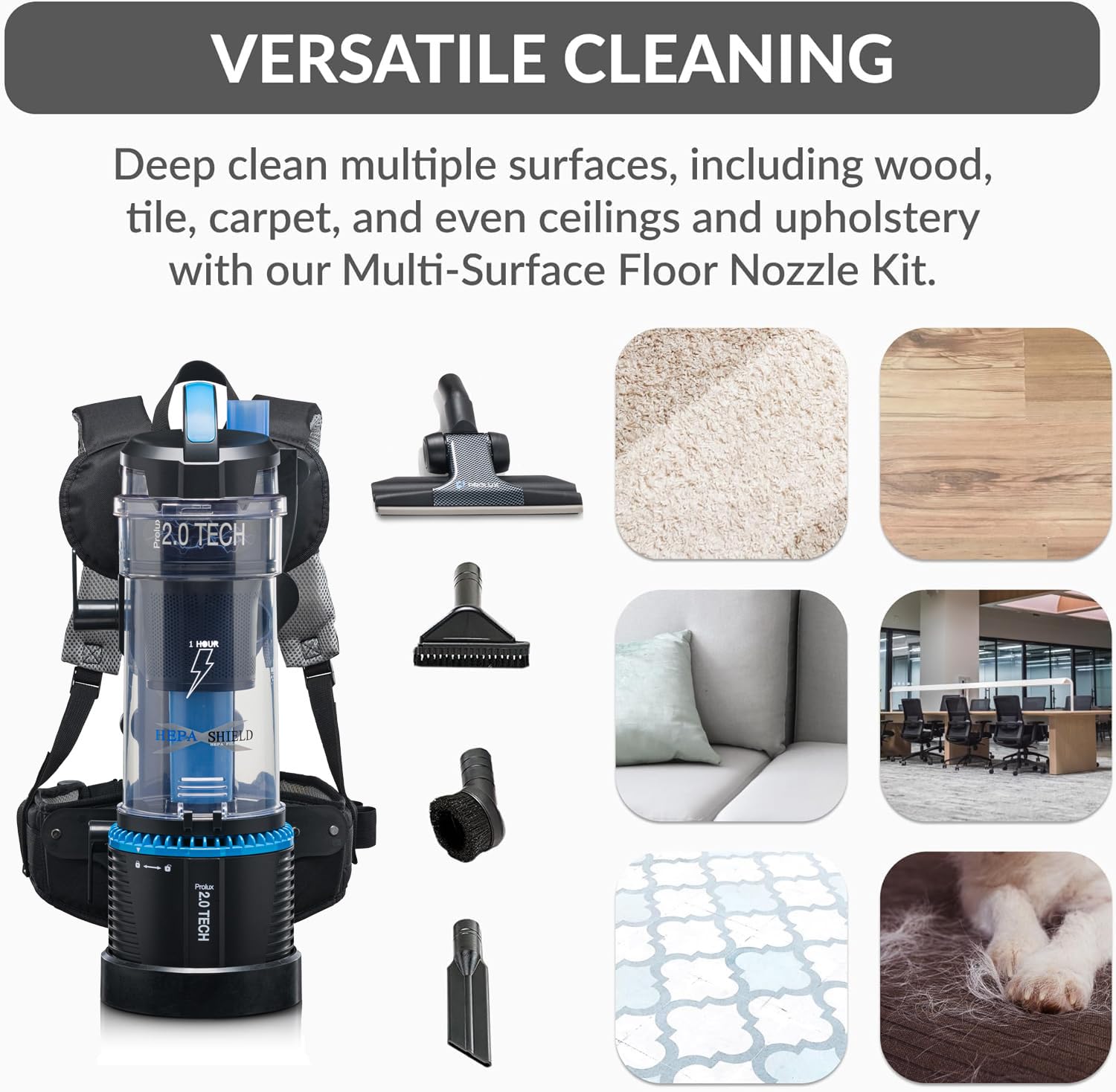 **Prolux 2.0 Cordless Bagless Backpack Vacuum Cleaner with Dual HEPA Filtration & Accessory Kit - Lightweight, Powerful Cleaning for Home, Office & Car**