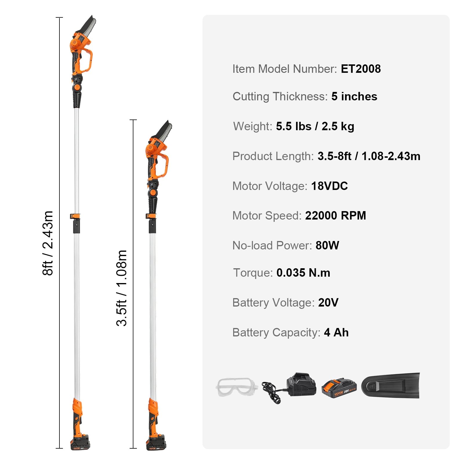 VEVOR 20V 4Ah Cordless Pole Saw & Mini Chainsaw 2-in-1 Combo Kit - 5-inch Chainsaw with 14-Foot Extendable Pole for Tree Trimming, Wood Cutting, and Garden Maintenance (Includes Battery & Blade Cover) - Perfect for Landscaping, Yard Work, and DIY Home Projects