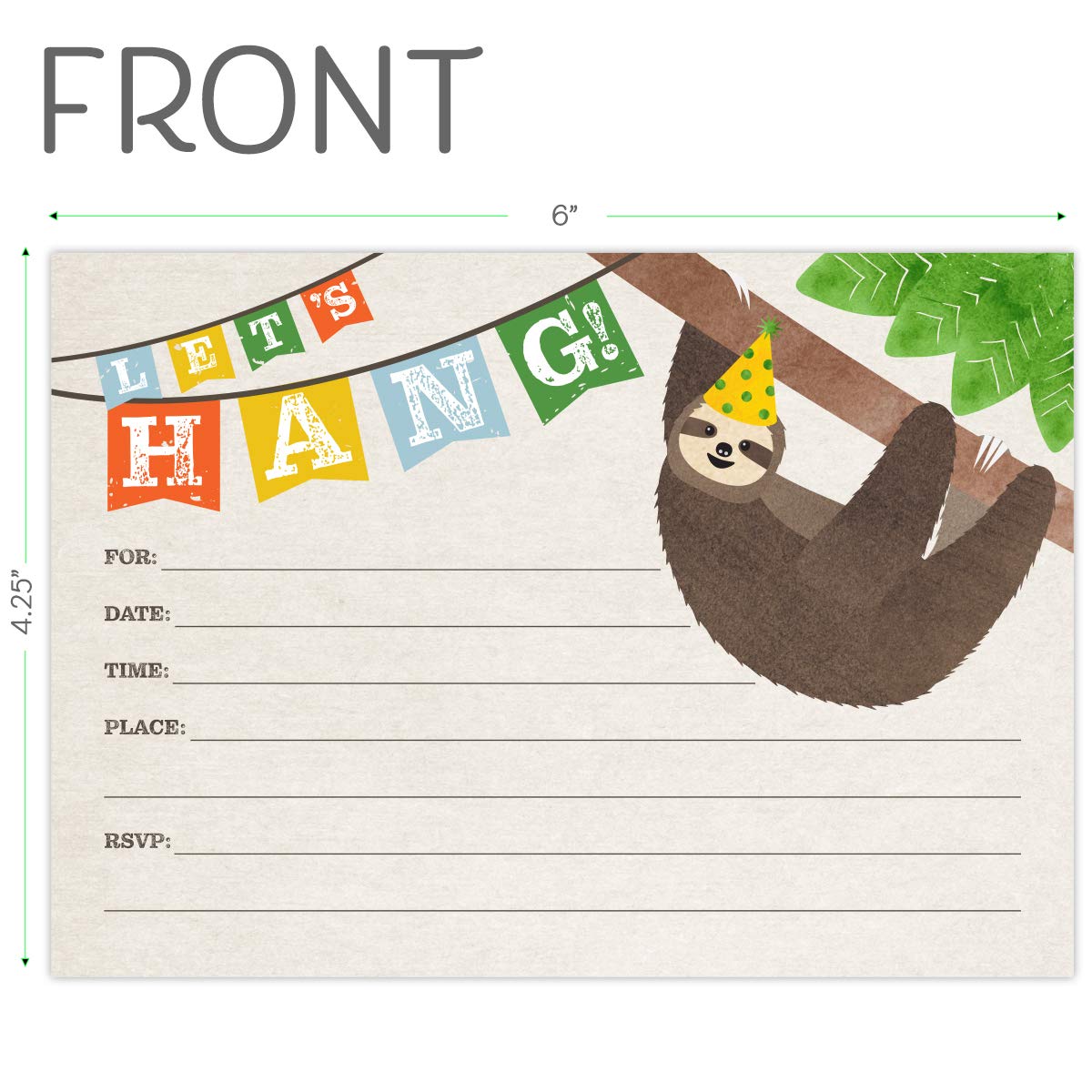 Koko Paper Co Let’s Hang Sloth Birthday Invitations - Set of 25 Fill-in Cards with White Envelopes | Heavy Cardstock Front & Back Printing | Perfect for Kids' Birthday Parties & Sloth-Themed Events