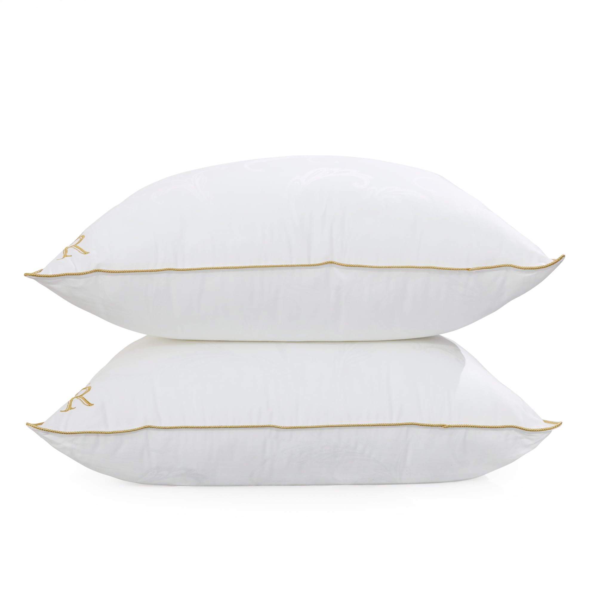 Royal Therapy Queen Size Pillow Set of 2 - Adjustable Down Alternative Pillows for Side Sleepers - Luxury Bed Pillows with Sophisticated Design & Gold Piping - Perfect for Back Pain Relief & Better Sleep