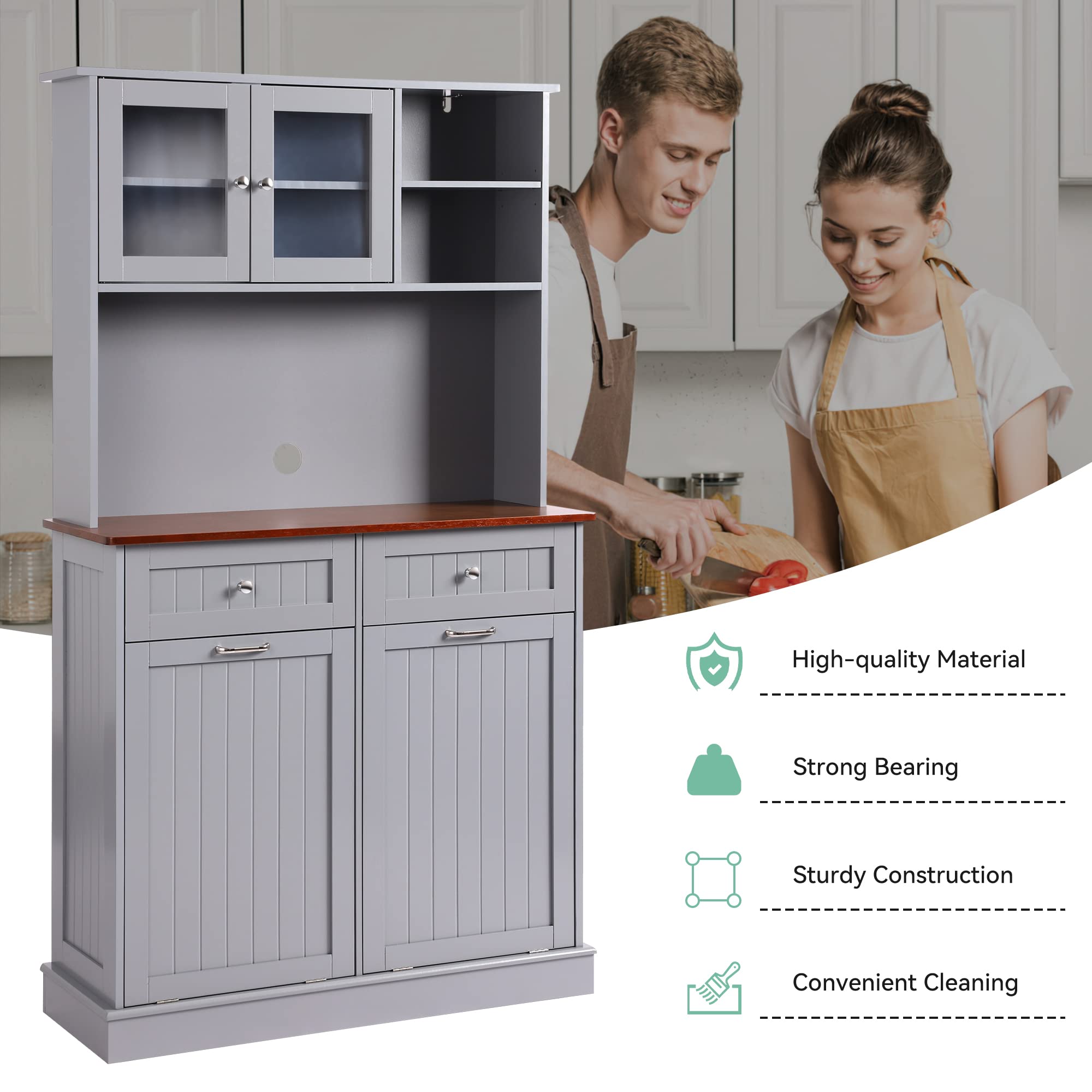 Tall Freestanding Kitchen Pantry Storage Cabinet with Microwave Shelf & Tilt-Out Trash Bin - Grey Kitchen Hutch for Small Spaces | Perfect for Apartments, Condos & Compact Kitchens