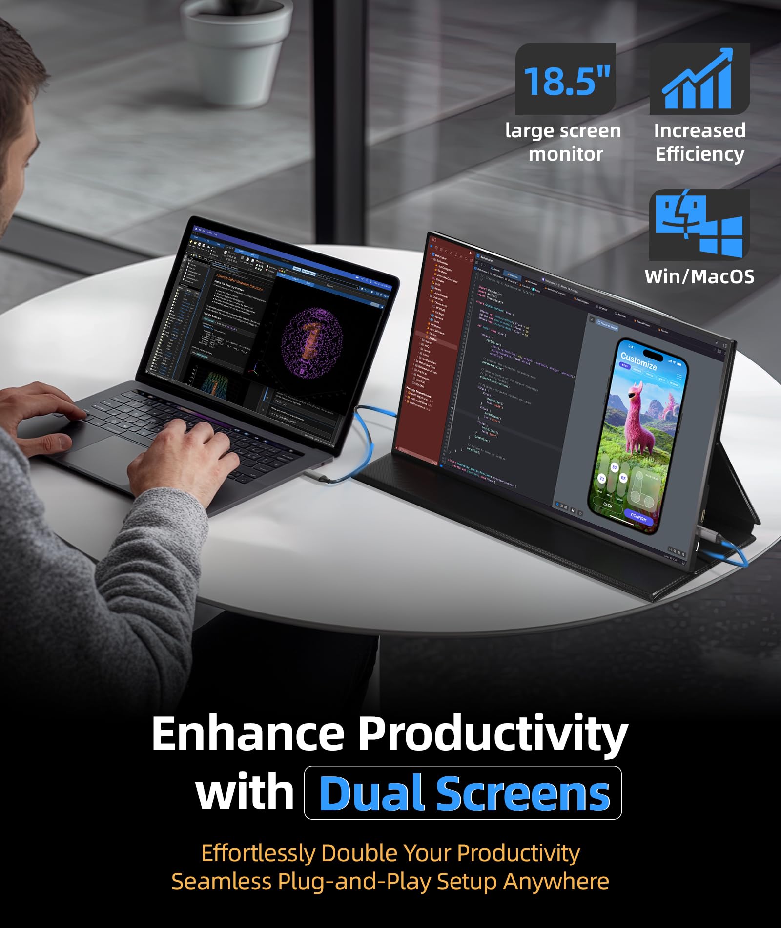 18.5 Inch Portable Monitor FHD 1080P 100% sRGB USB C HDMI External Screen for Laptop Mac PC - Gaming, Work & Travel with Smart Cover & Built-in Speakers