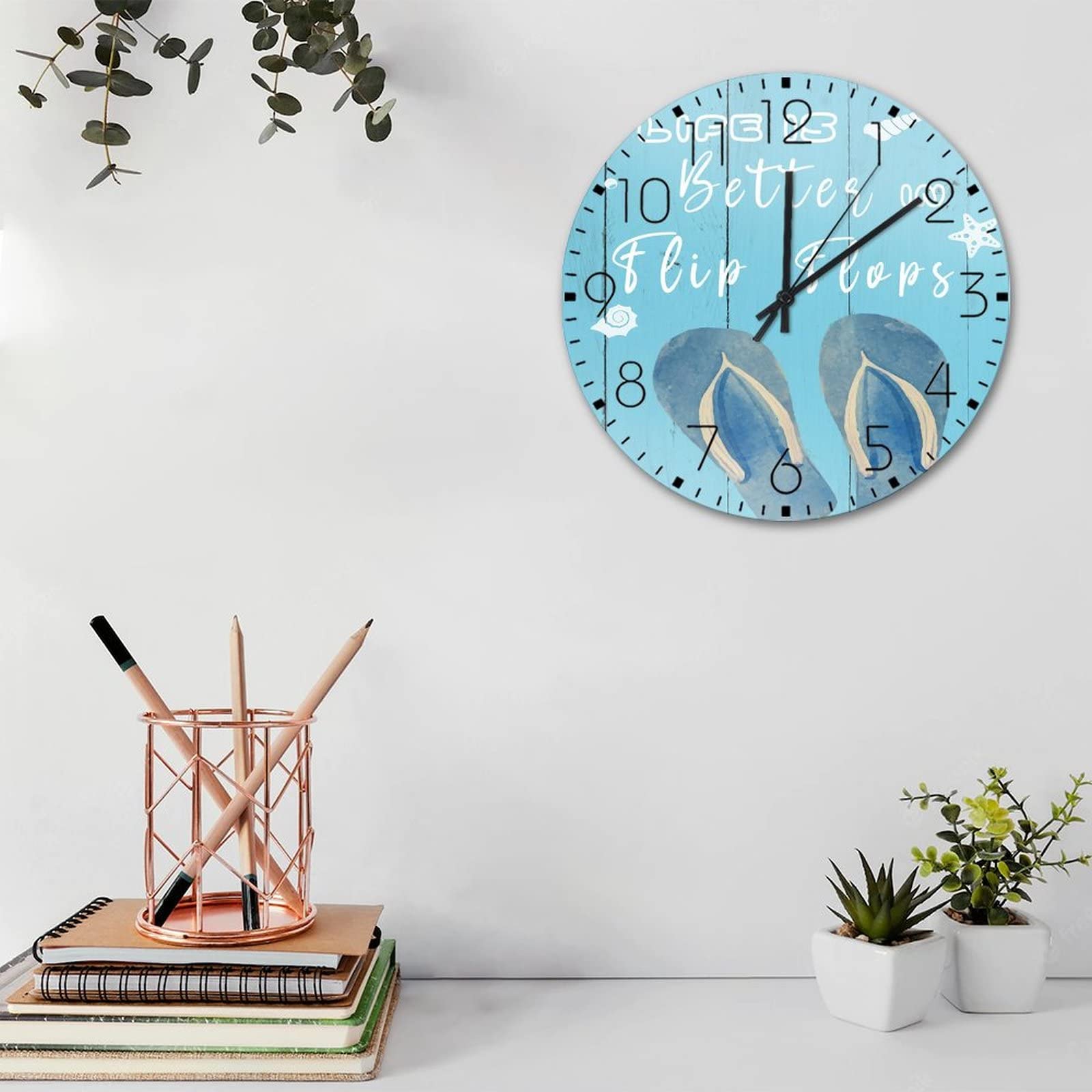 12 Inch Wooden Hanging Wall Clock - Battery Operated Silent Non-Ticking Rustic Beach Decor with Starfish & Shell Design - Perfect for Bathroom, Living Room, Bedroom, Office & Coastal Home Decor