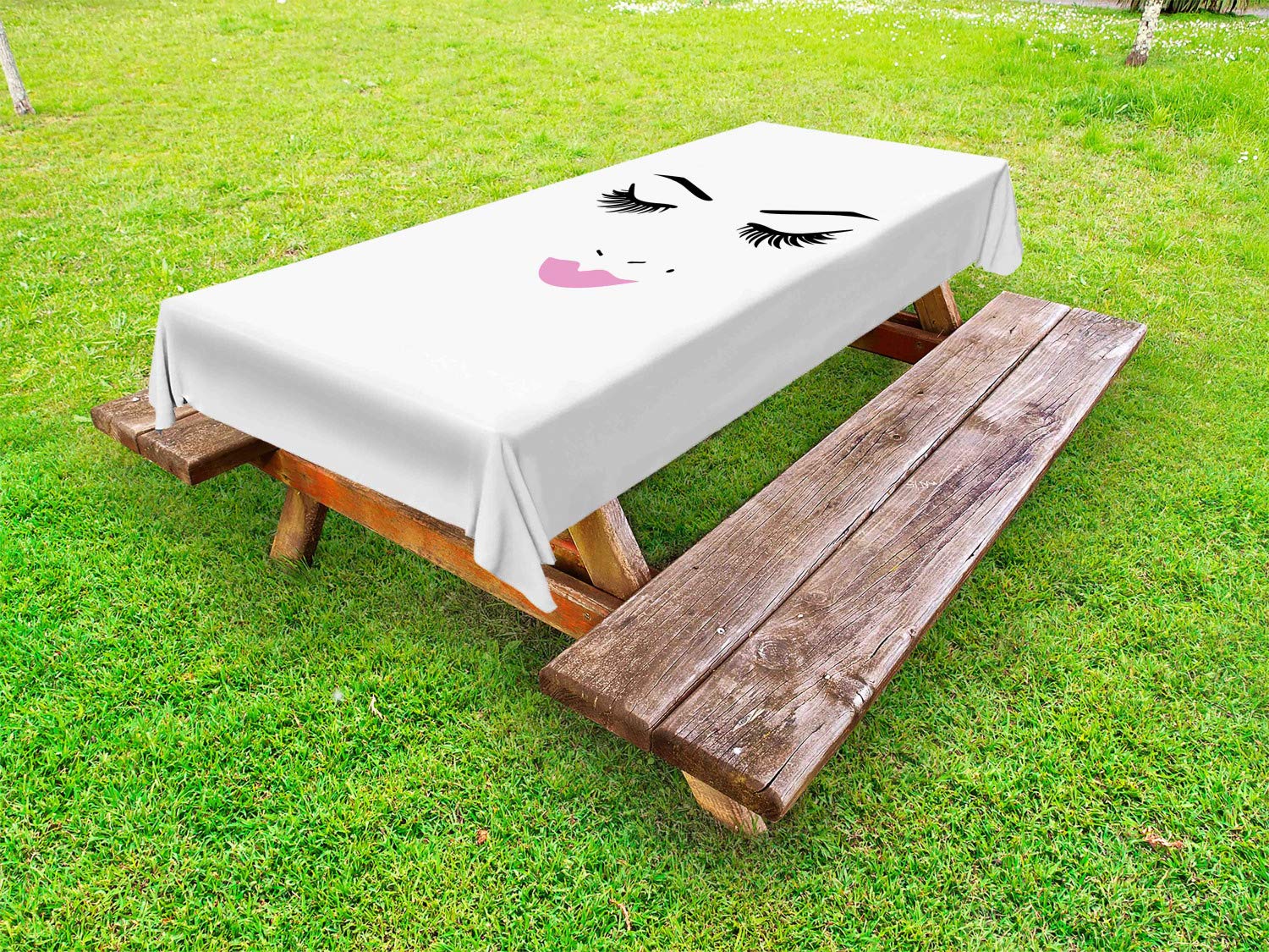 Ambesonne Eyelash Design Outdoor Tablecloth - Pink Lipstick Glam Makeup Themed Washable Picnic Table Cover, 58