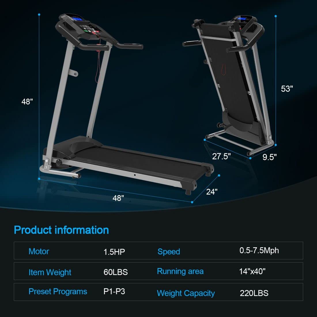 Foldable Treadmill with Incline for Home Use - Electric Walking Machine with 15 Preset/Adjustable Programs, 250 LB Capacity & MP3 Player (Black) - Perfect for Small Spaces, Apartment Workouts & Home Gym Fitness