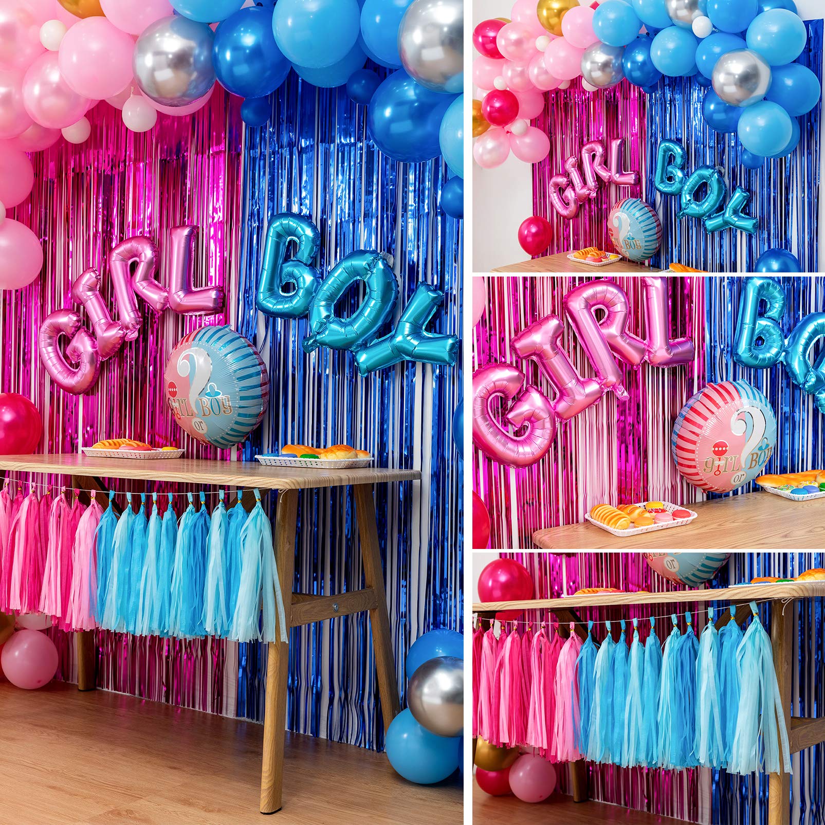 Gender Reveal Party Decorations Set - Pink & Blue Balloon Arch Garland Kit with Foil Balloons, Tassel Curtains & Backdrop Tools for Baby Shower, Birthday Celebrations & Photo Booth Decor