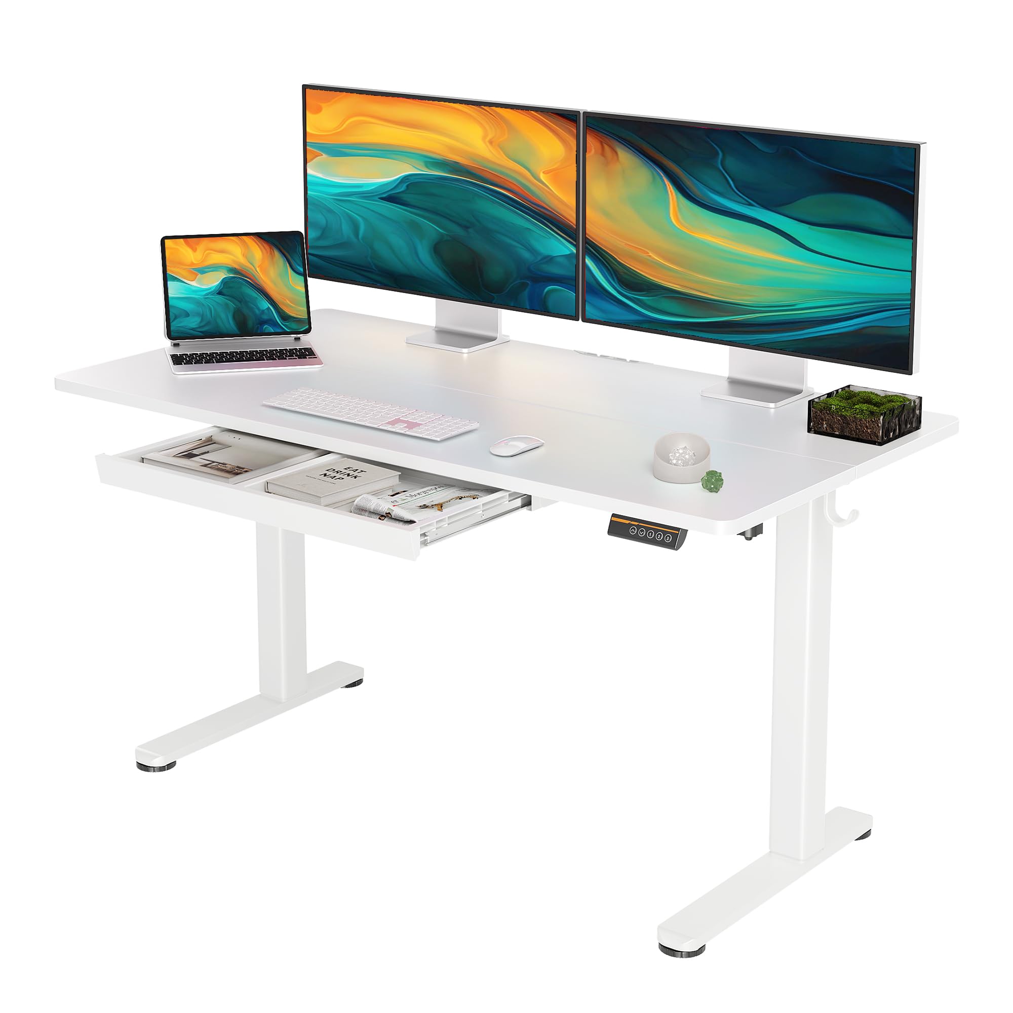 YDN 55 x 24 Inch Electric Standing Desk with Drawers - Adjustable Height Sit Stand Workstation for Home Office (White) | Ergonomic Computer Desk for Remote Work & Study