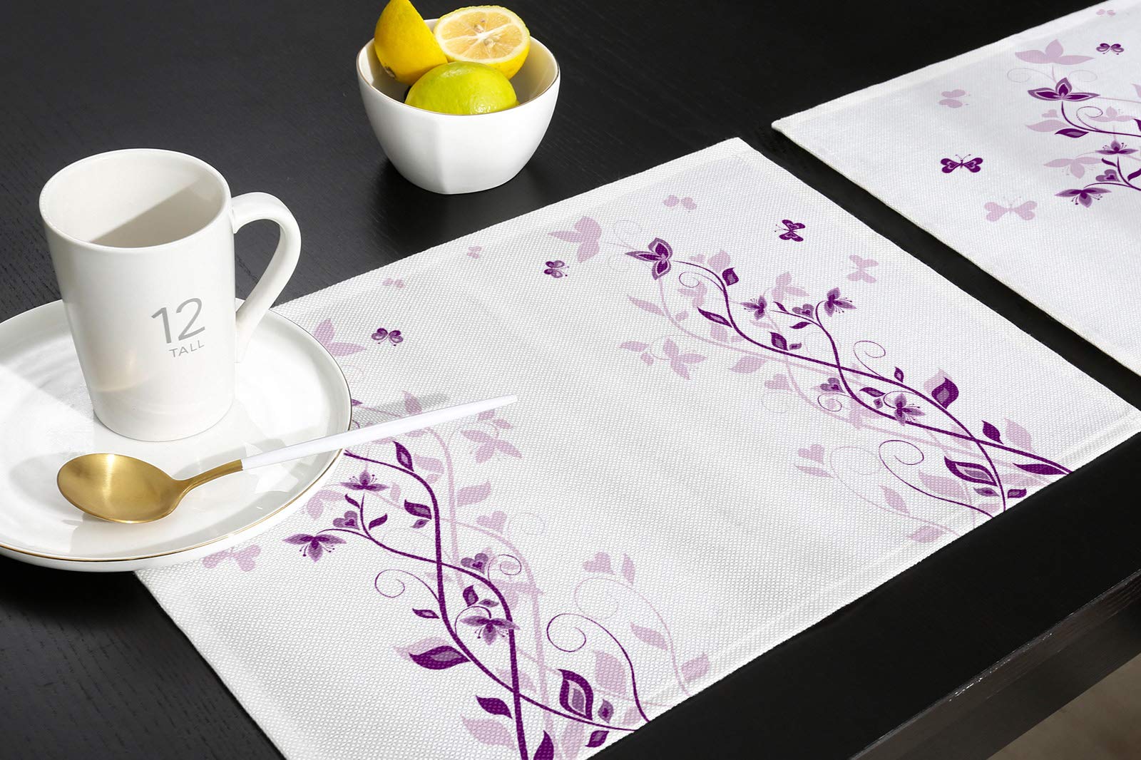 4-Pack Nature Violet Flower Butterfly Insect Cotton Linen Placemats - Heat Resistant, Non-Slip & Washable Table Mats for Dining Table, Kitchen Decor, Holiday Banquets & Everyday Use