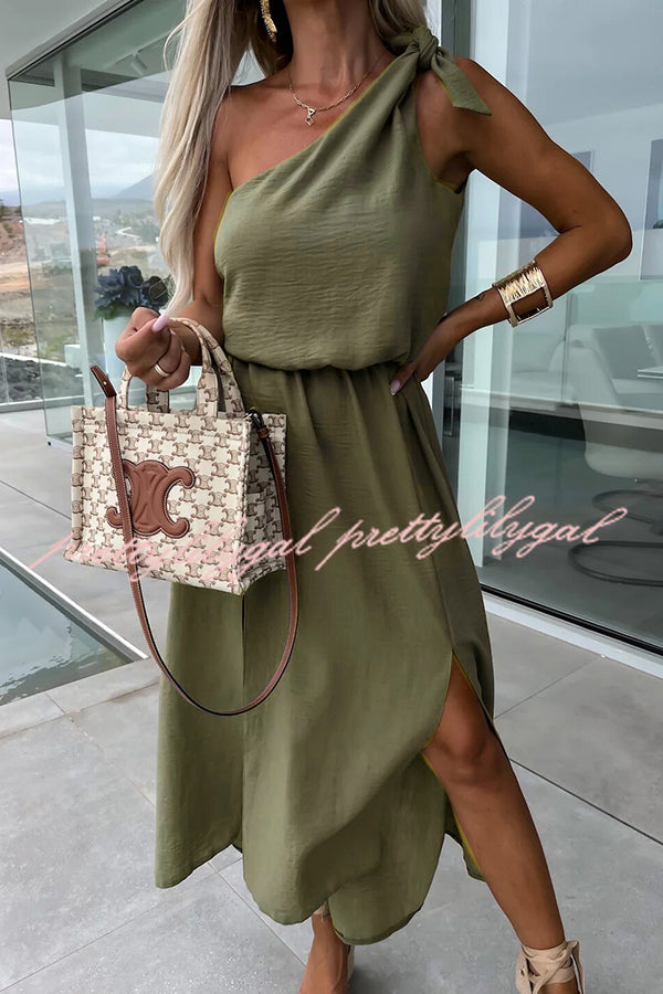 Bayside Beauty One Shoulder Slit Relaxed Midi Dress - Women's Elegant Summer Beach Party Cocktail Dress for Vacation & Night Out
