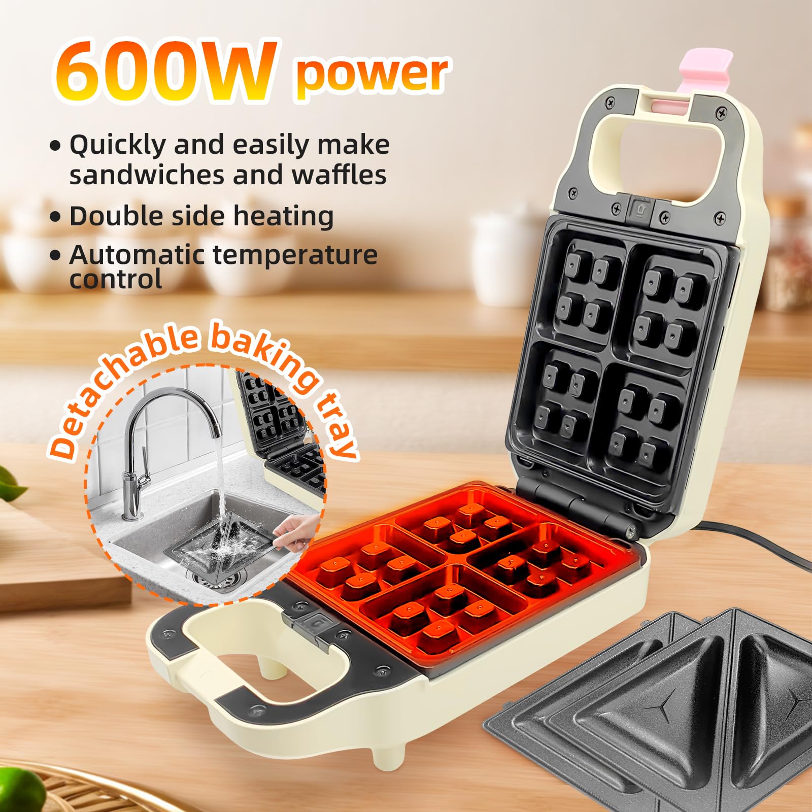 2-in-1 Electric Waffle Maker & Sandwich Press with Non-Stick Removable Plates - Perfect for Breakfast, Brunch & Family Gatherings