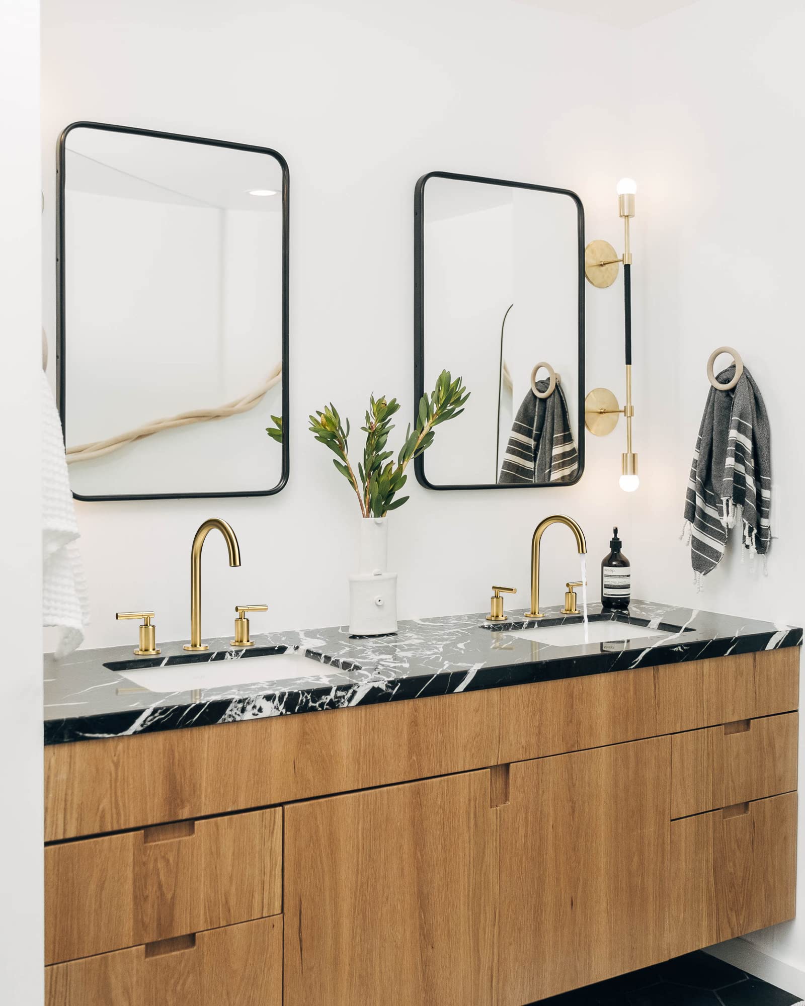 Brushed Gold Bathroom Faucet - Indare 2-Handle Widespread Sink Faucet with 360° Swivel Spout, 4-8 Inch Centerset, Brass Construction, Includes Pop-Up Drain & Water Supply Lines - Perfect for Modern Bathroom Vanities and Powder Rooms